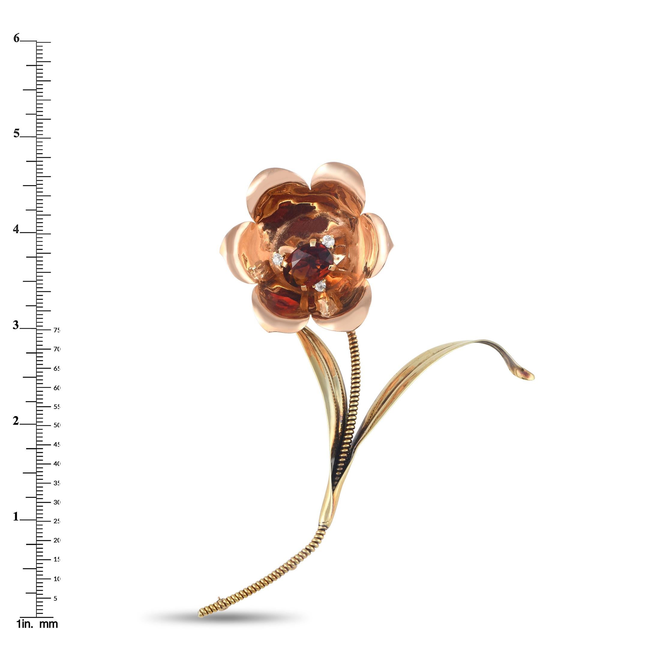 Cartier 14K Yellow and Rose Gold Diamond and Citrine En Tremblant Flower Brooch In Excellent Condition For Sale In Southampton, PA