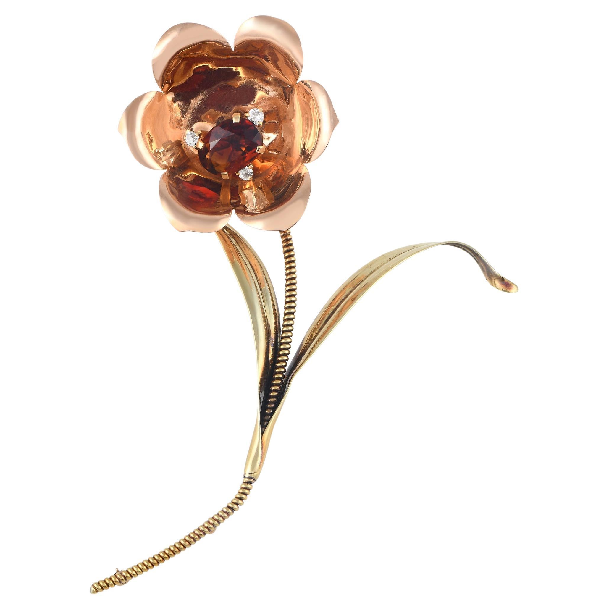 Cartier 14K Yellow and Rose Gold Diamond and Citrine En Tremblant Flower Brooch For Sale
