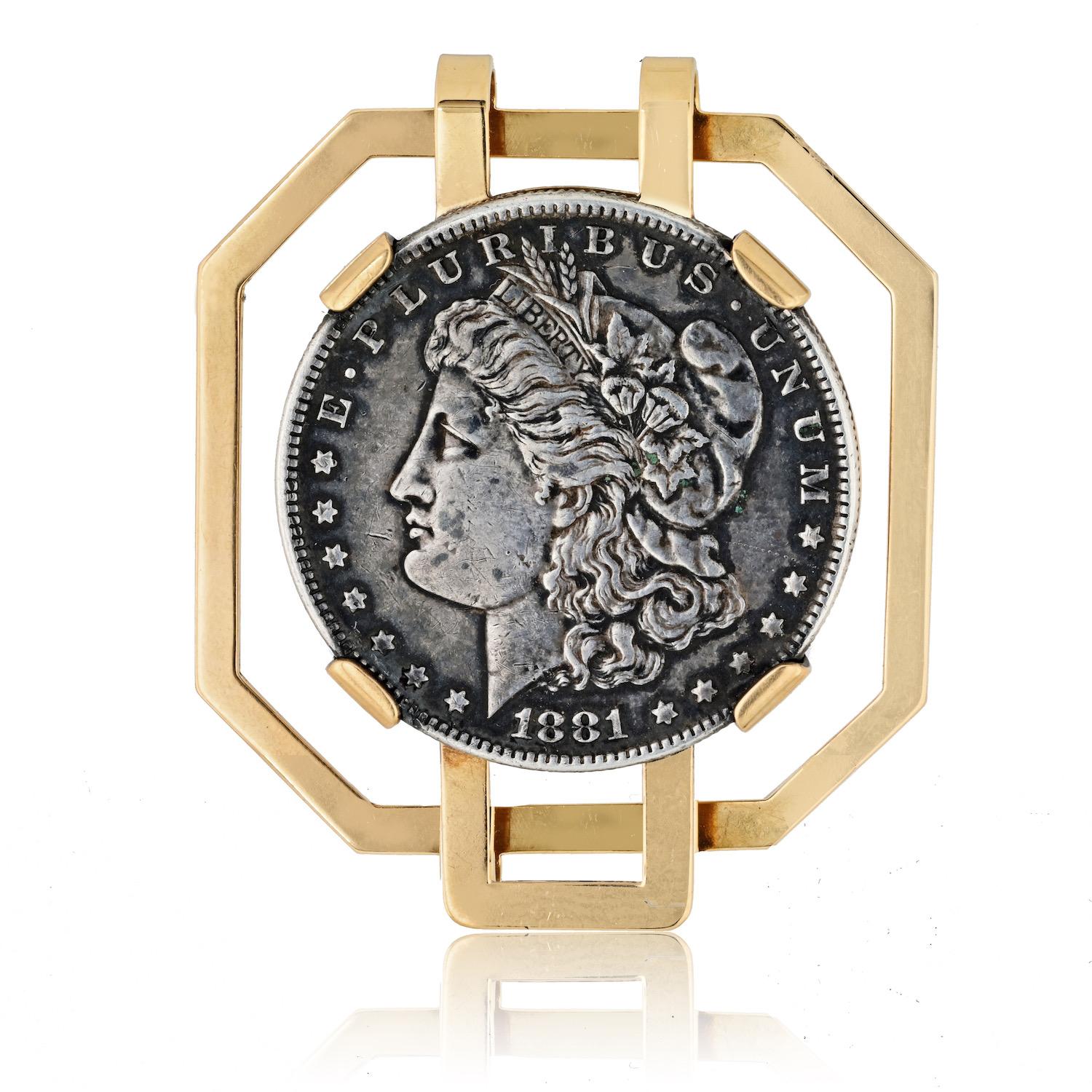 Vintage Cartier 14k Yellow Gold Octagon Coin Money Clip ~1881 Morgan 41.2gr.
 Yellow Gold Octagon Coin Money Clip ~1881 Morgan 47.6mm. Item is from the 1930#s and still is in immaculate condition. The coin is inscribed E Pluribus Unum on the front