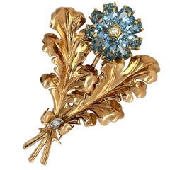 Cartier 14 Karat Yellow Gold Aquamarine Diamond Leaf Brooch