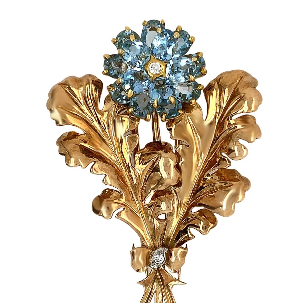 Women's Cartier 14 Karat Yellow Gold Aquamarine Diamond Leaf Brooch