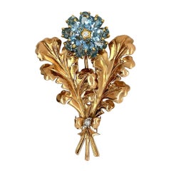 Cartier 14 Karat Yellow Gold Aquamarine Diamond Leaf Brooch