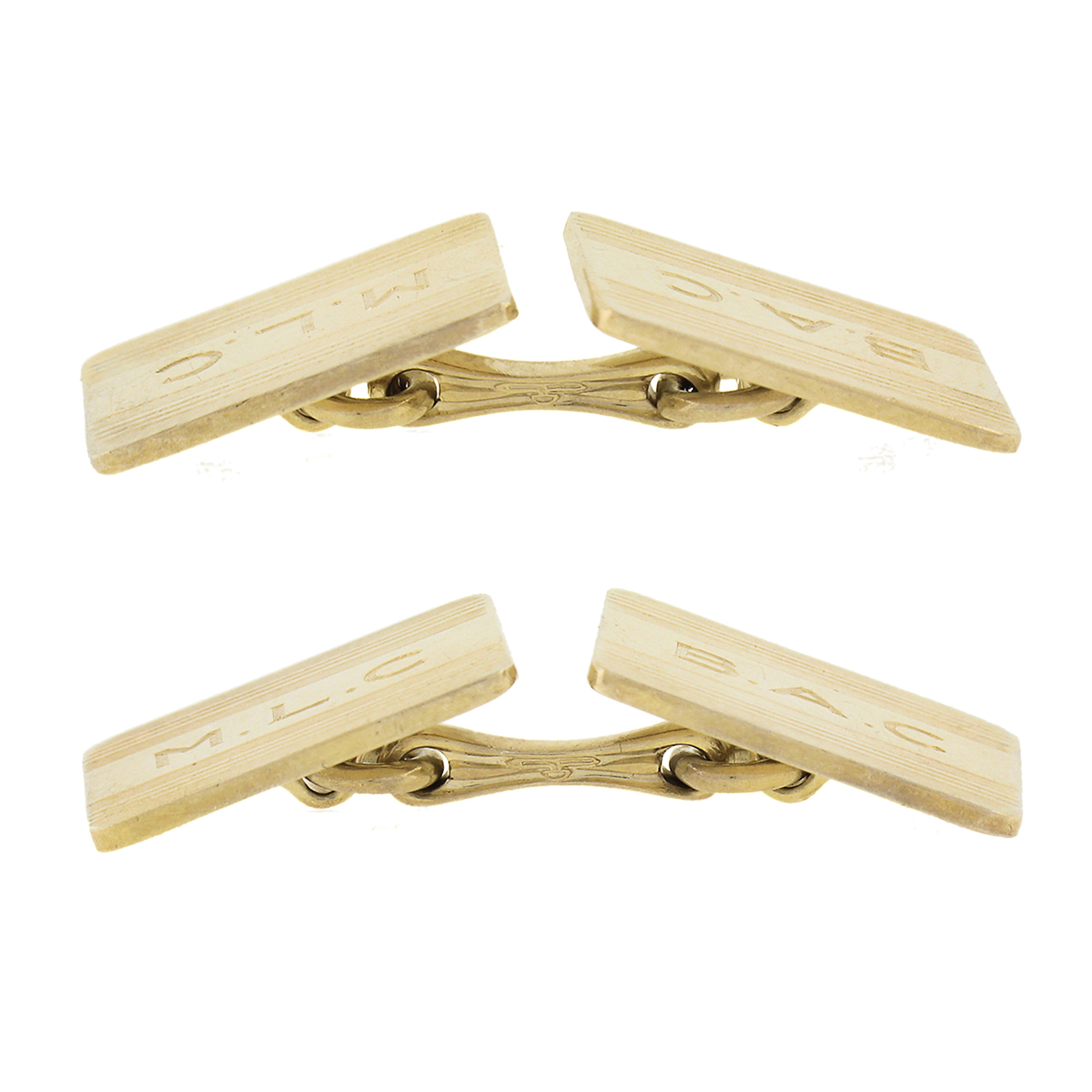Cartier 14k Yellow Gold Grooved Engraved Dual Rectangular Panel Cufflinks w/ Box For Sale 1