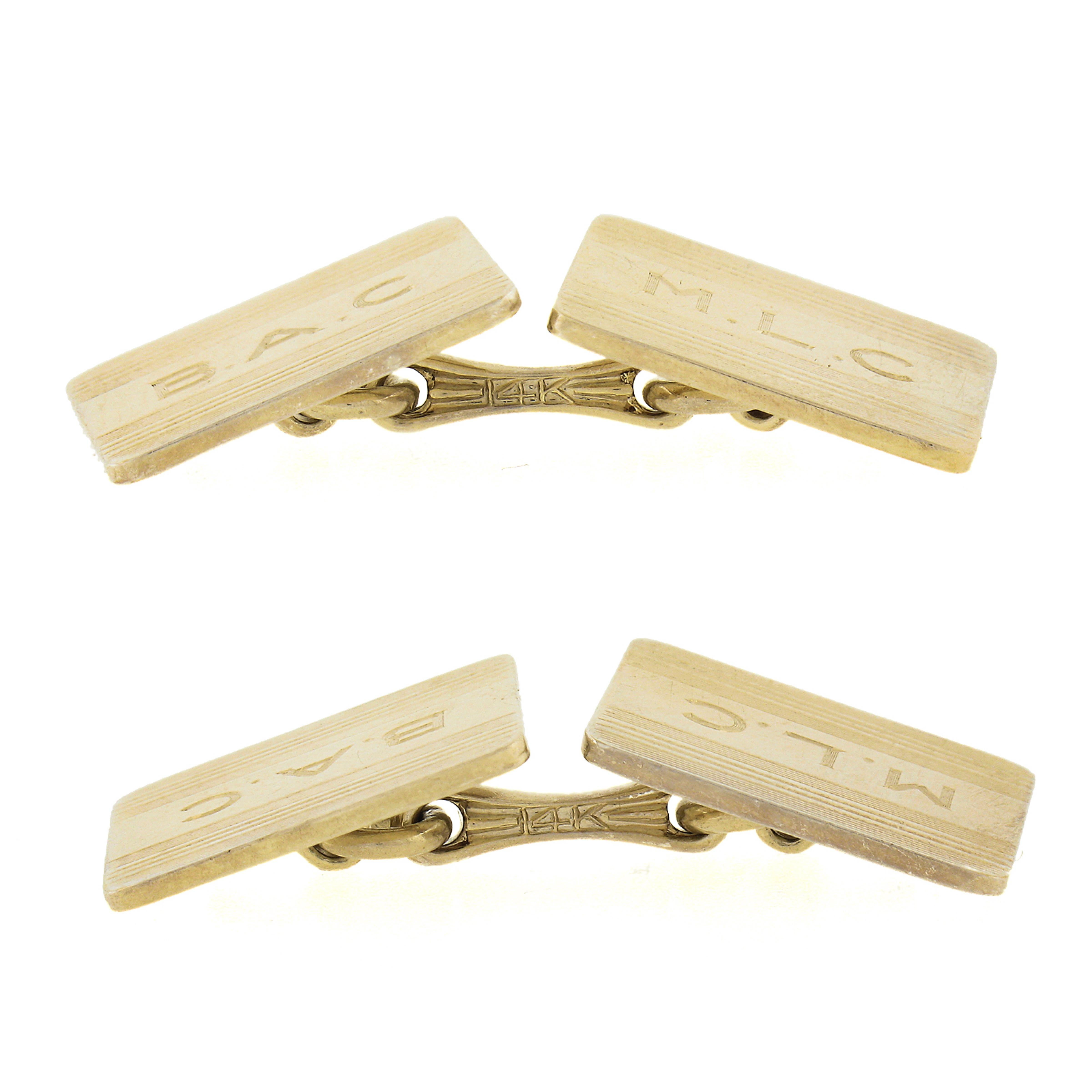 Cartier 14k Yellow Gold Grooved Engraved Dual Rectangular Panel Cufflinks w/ Box For Sale 2