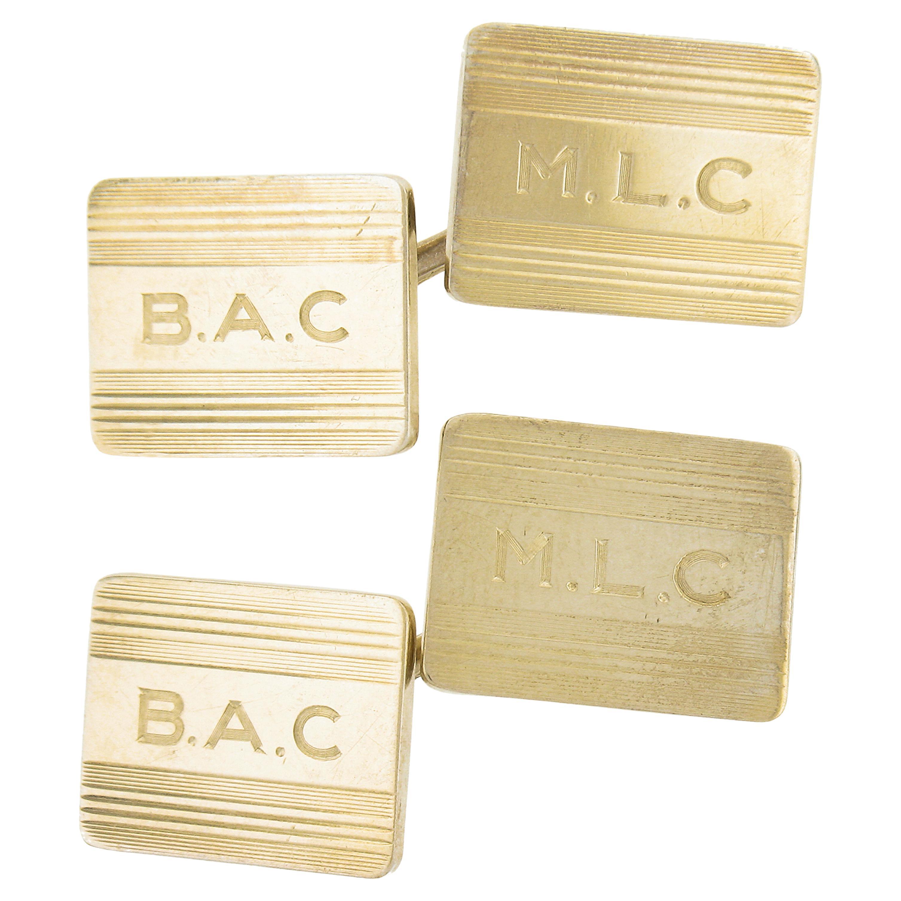 Cartier 14k Yellow Gold Grooved Engraved Dual Rectangular Panel Cufflinks w/ Box For Sale