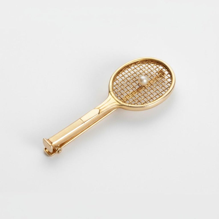 Broche Bijou Vintage En Forme De Raquette De Tennis - Couleur Or - Pièce De Collection