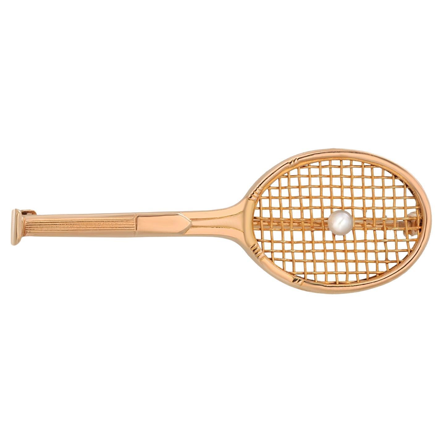 Broche raquette de tennis pour dames en or jaune 14 carats avec perles Vintage Estate
