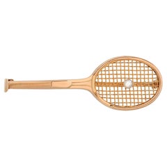 Cartier 14K Yellow Gold Ladies Tennis Racket Brooch with Pearl Vintage Estate