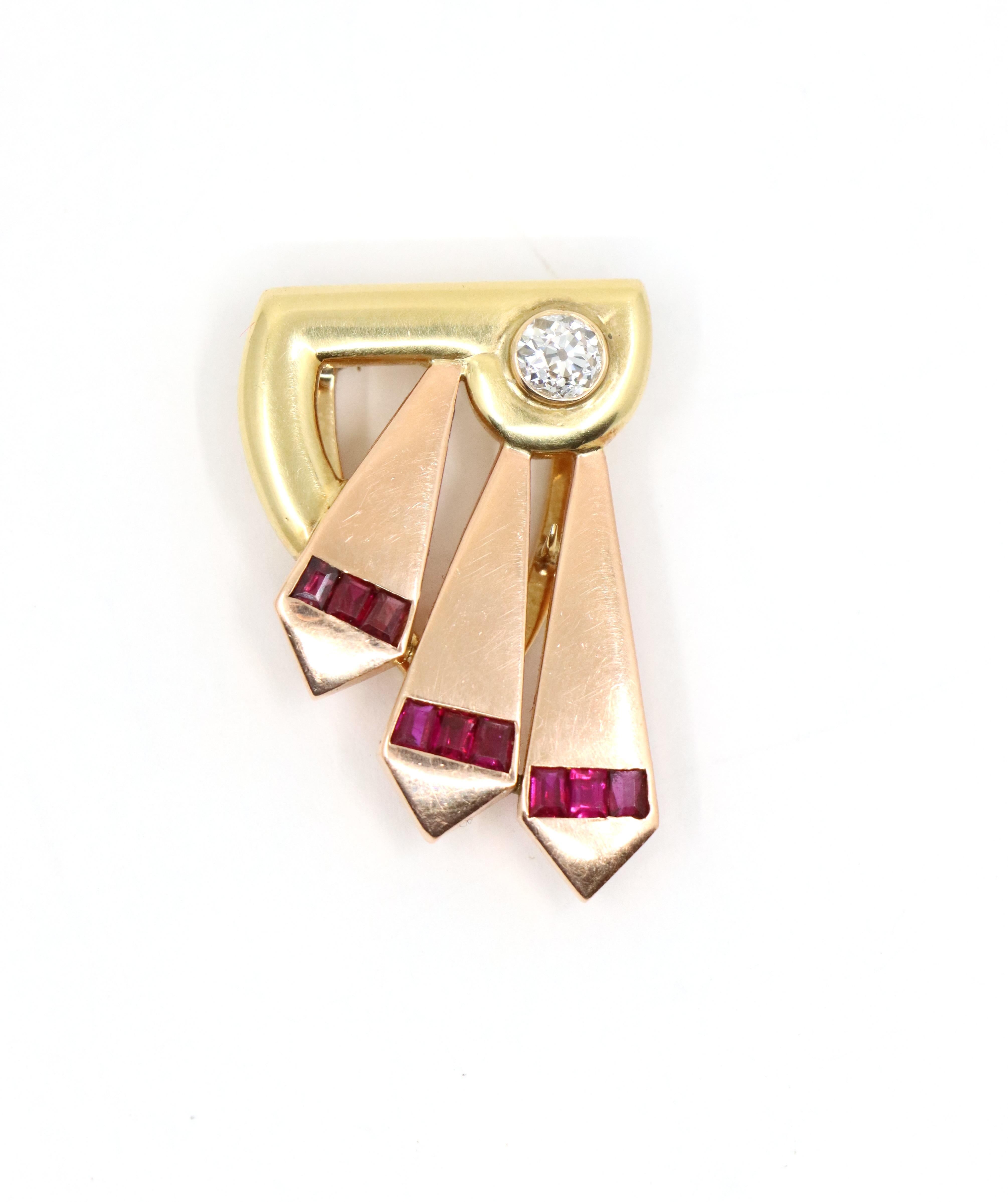 Rough Cut Cartier 14k Yellow & Rose Gold Diamond Ruby Clip For Sale