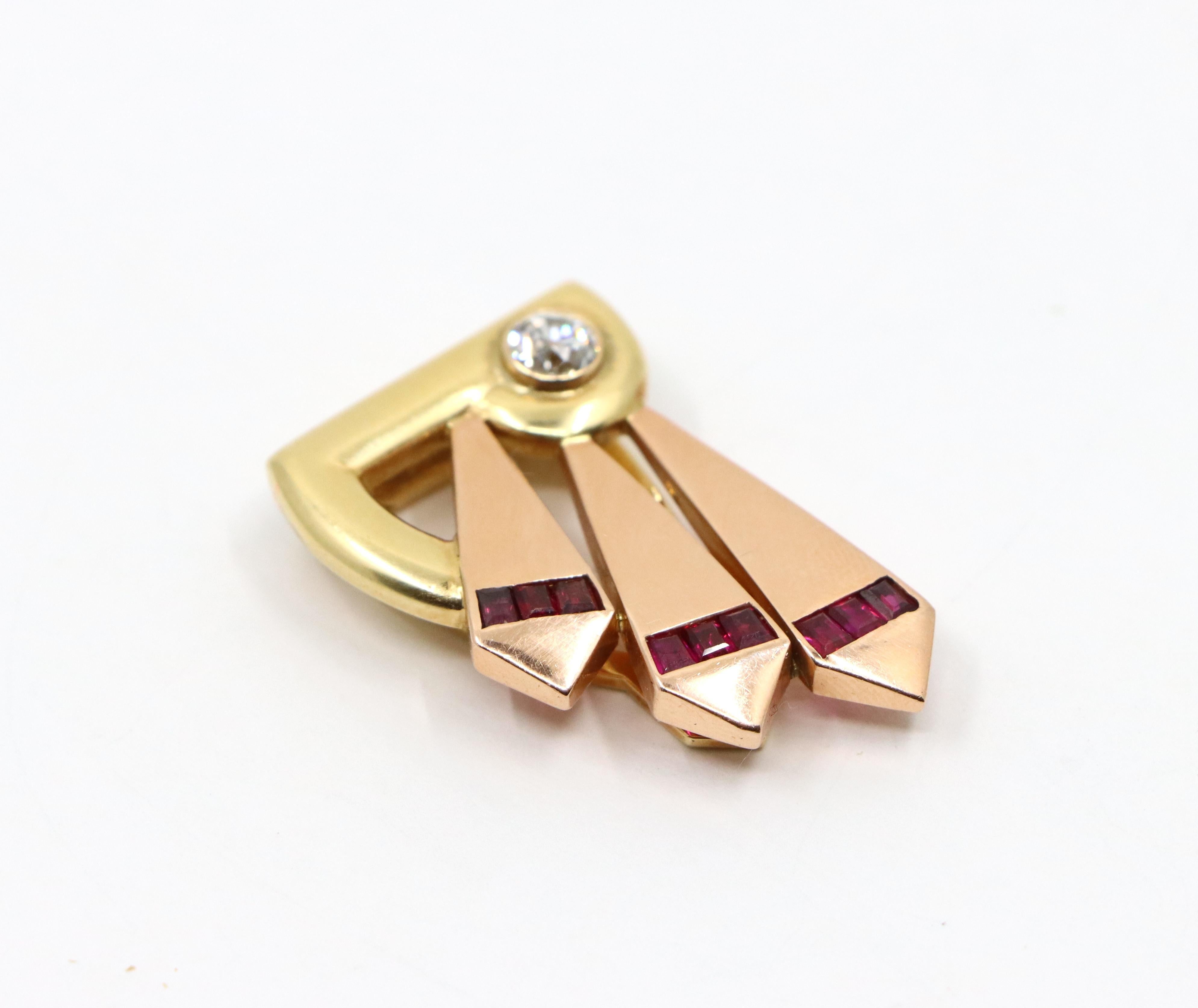 Cartier 14k Yellow & Rose Gold Diamond Ruby Clip In Good Condition For Sale In Flushing, NY
