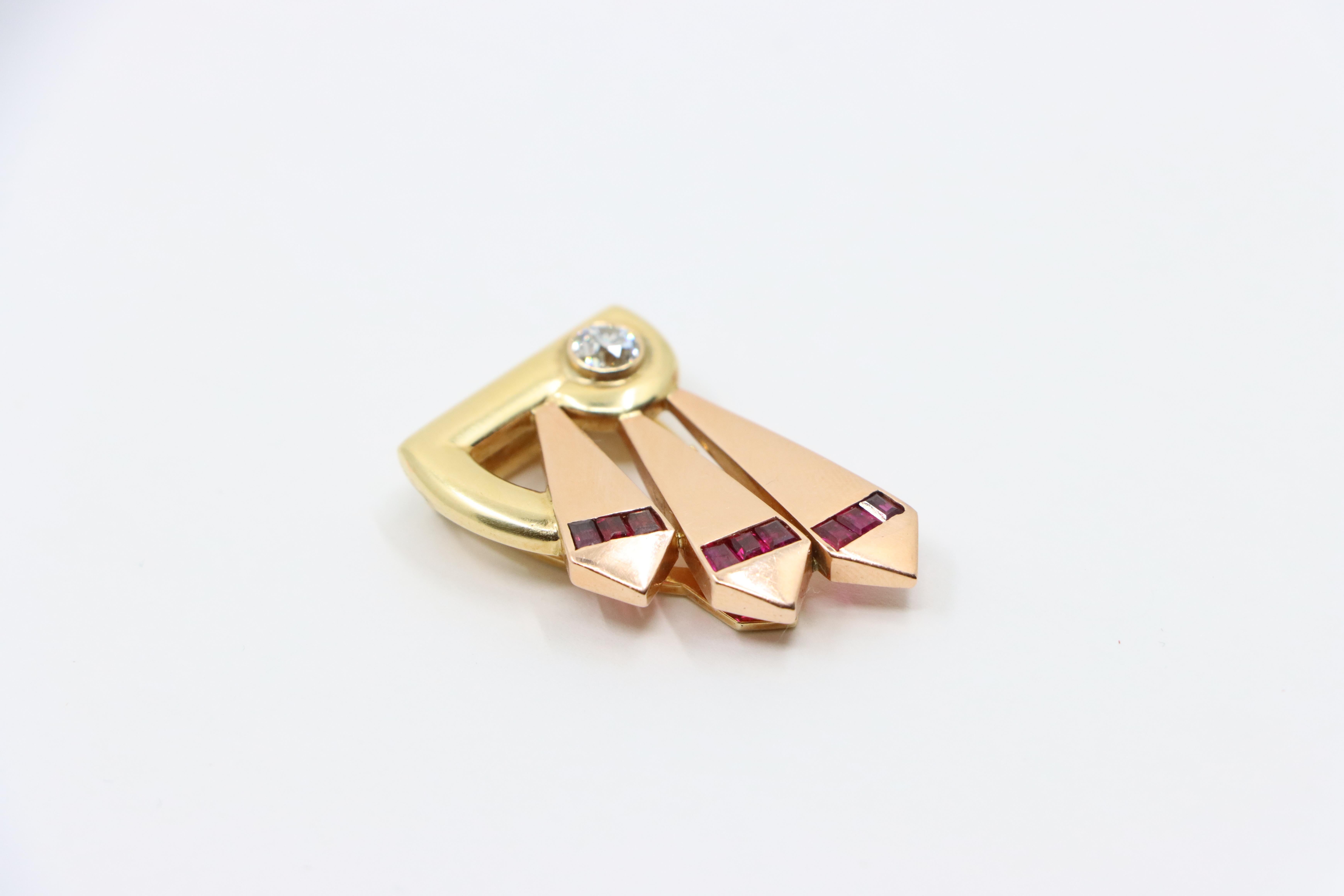 Cartier 14k Yellow & Rose Gold Diamond Ruby Clip For Sale 2