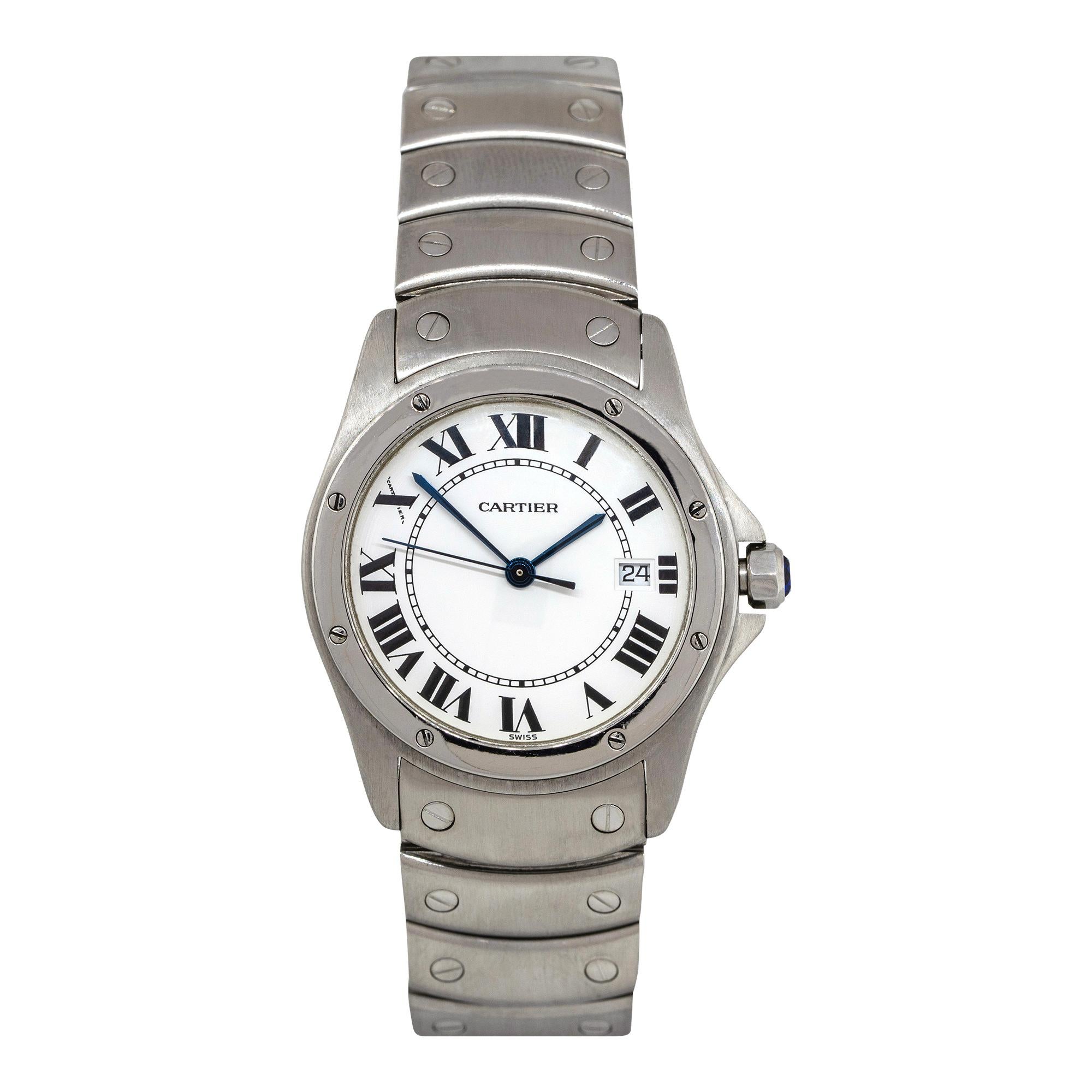 Brand: Cartier
Case Material: Stainless steel
Case Diameter: 29mm
Bracelet: Stainless steel link bracelet
Dial: White dial with roman numeral hour markers. Date is displayed at 3 o' clock.
Bezel: Stainless steel link bracelet
Crystal: Sapphire
