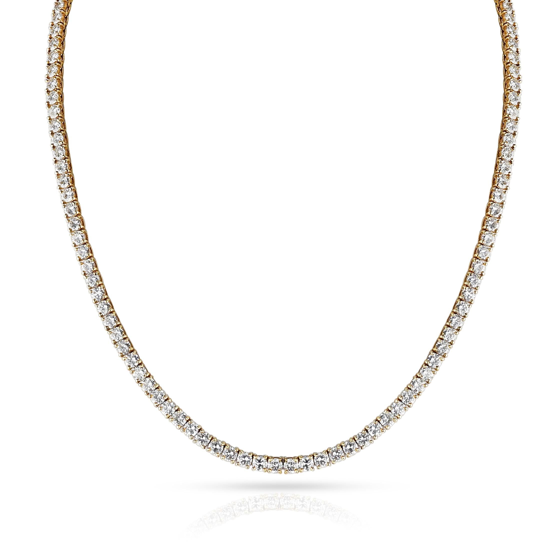 A Cartier Diamond Tennis Necklace made in 18k Yellow Gold with round diamonds weighing appx. 17.50 carats. The Length is 15 3/4 inches. The color of the diamonds is appx. G-H, clarity is appx. VS-SI. The total weight is 26.59 grams.

SKU 1438-