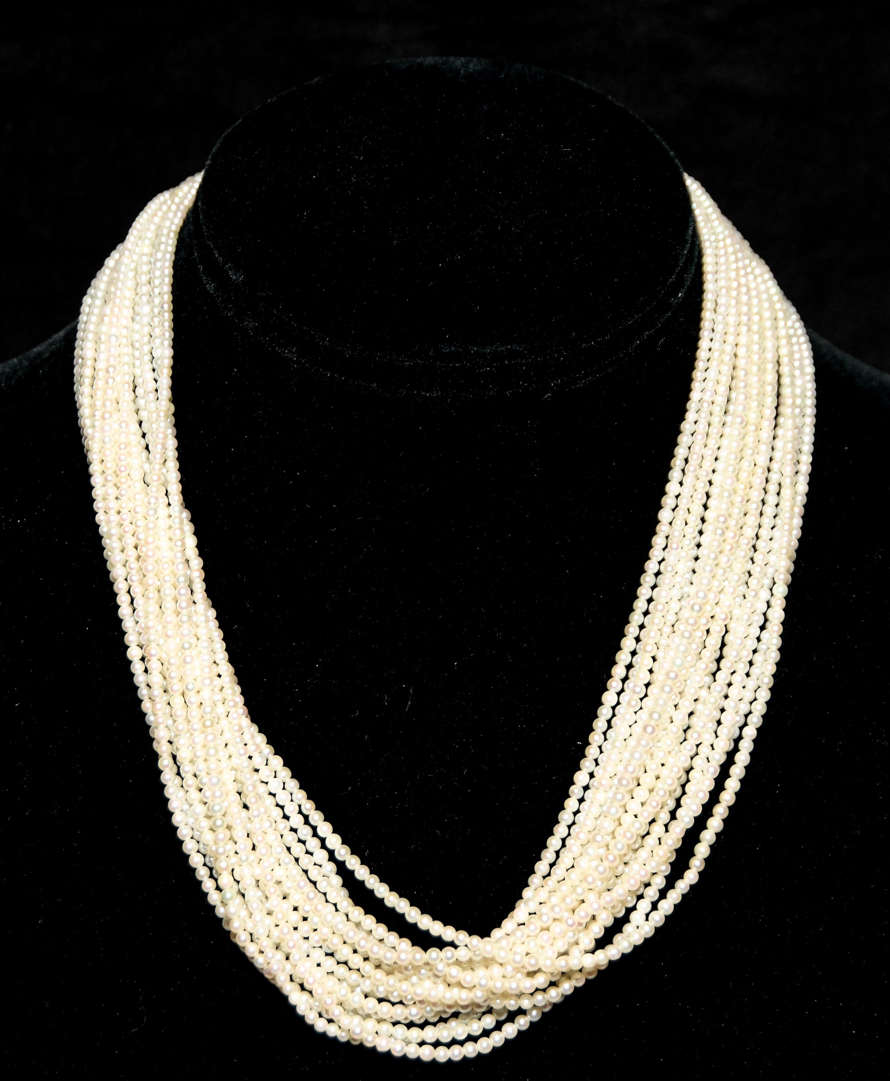 Artisan Cartier 18 Karat 16-Strand Pearl Necklace with Diamond Encrusted Clasp