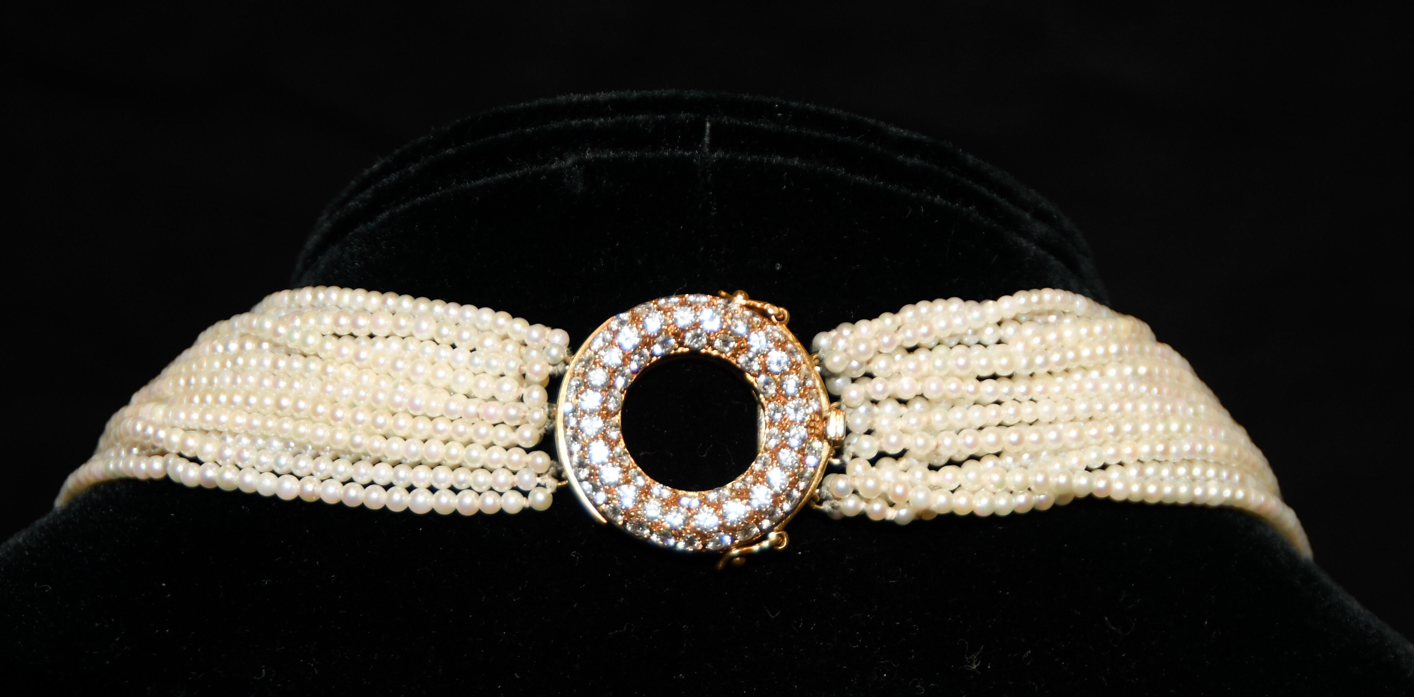 Women's Cartier 18 Karat 16-Strand Pearl Necklace with Diamond Encrusted Clasp