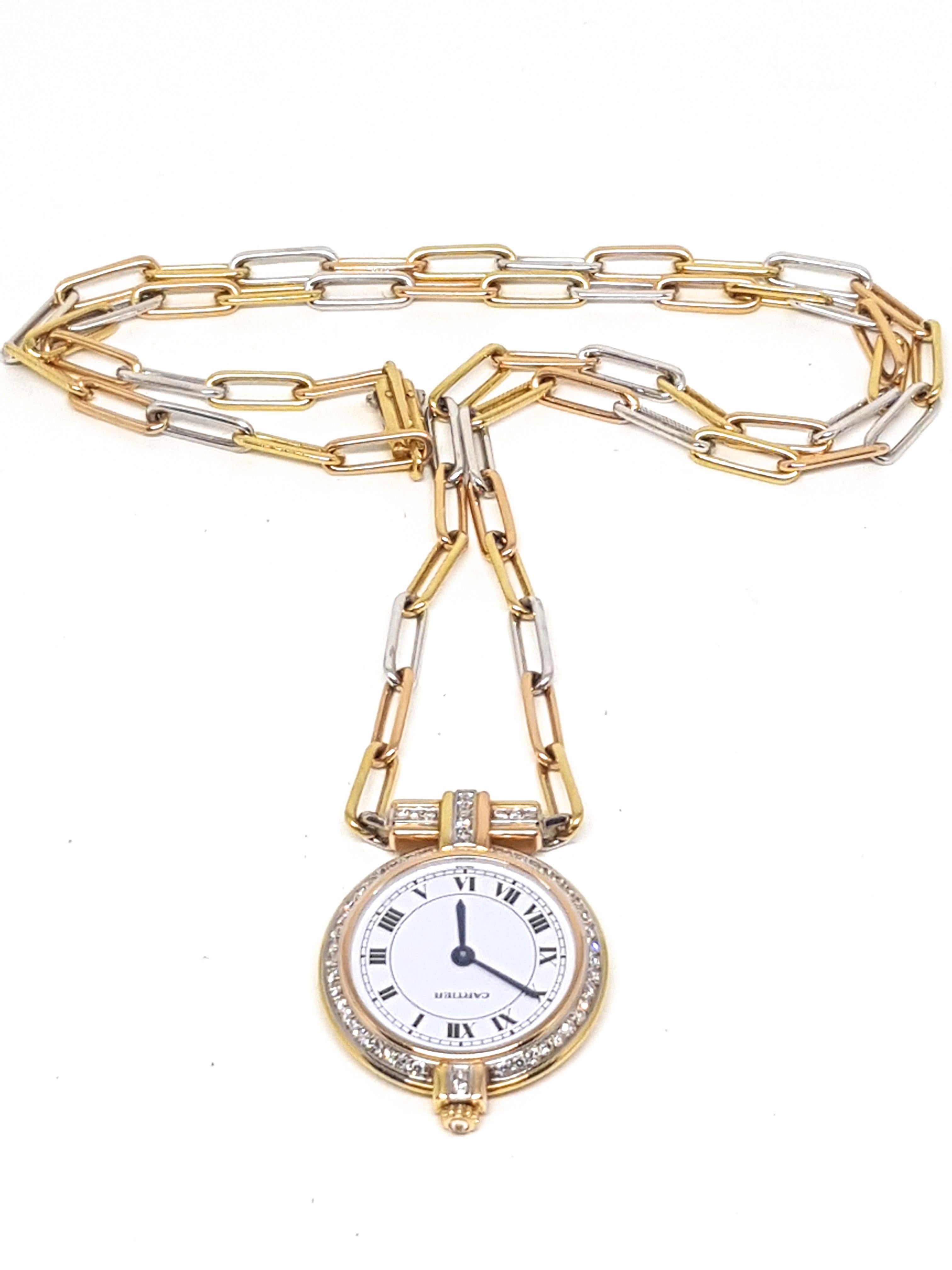 Cartier 18 Karat 3-Color Gold White Diamond Necklace Watch Pendant 4