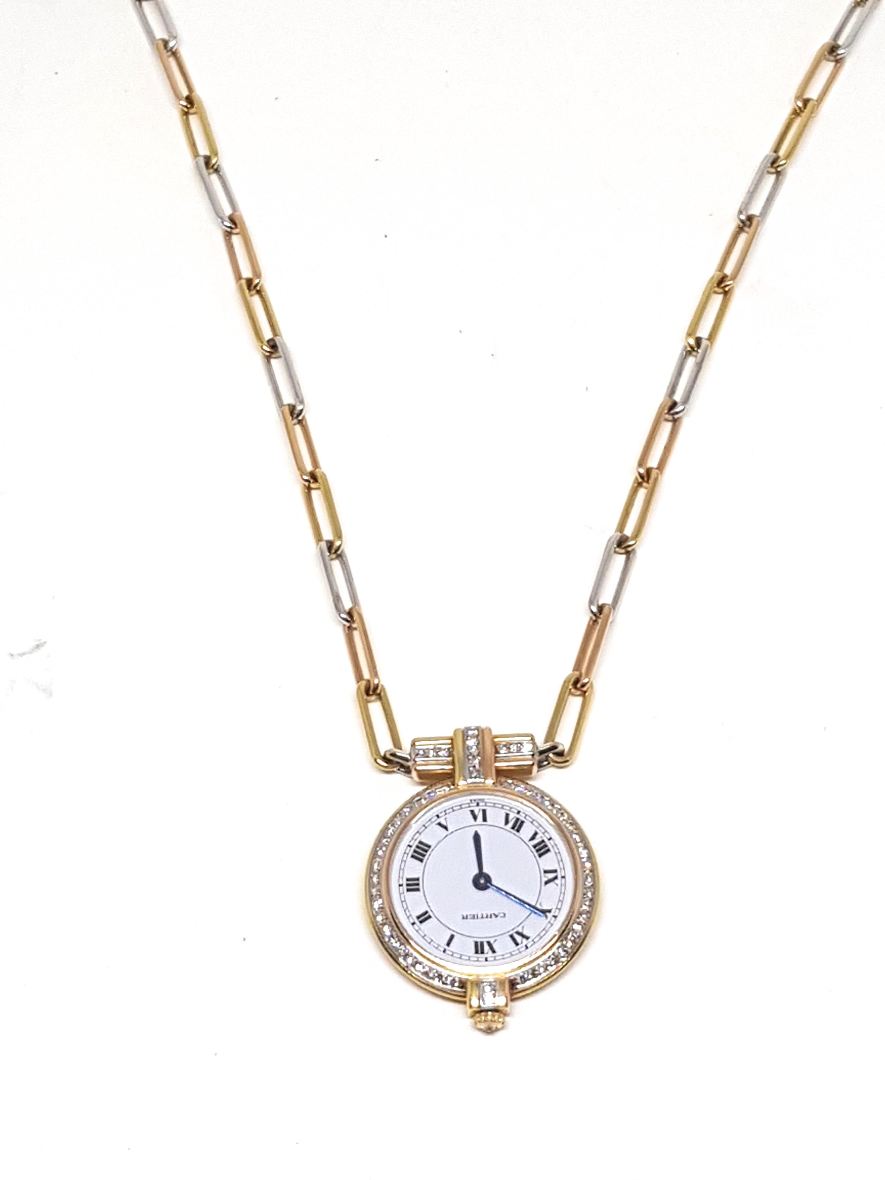 Cartier 18 Karat 3-Color Gold White Diamond Necklace Watch Pendant 5