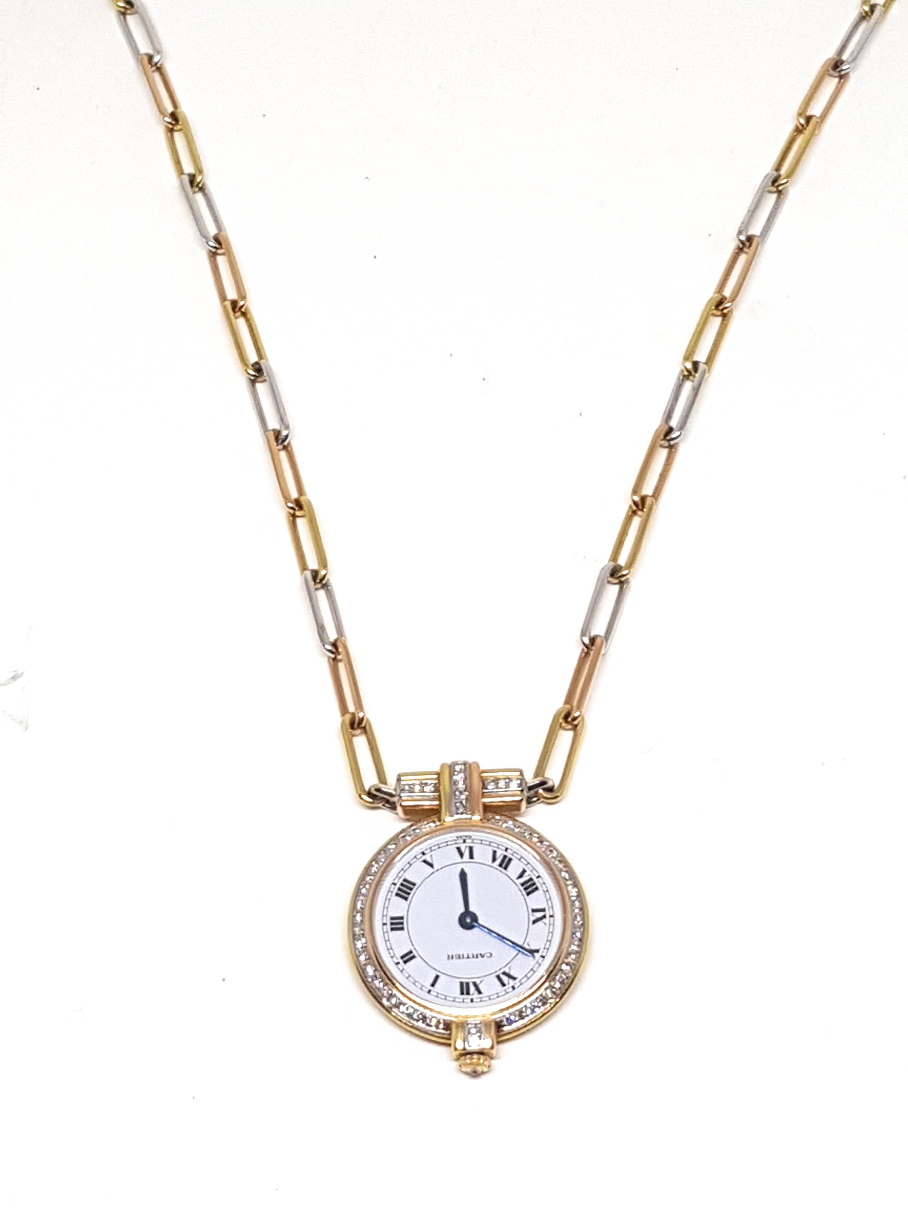 Cartier 18 Karat 3-Color Gold White Diamond Necklace Watch Pendant 6