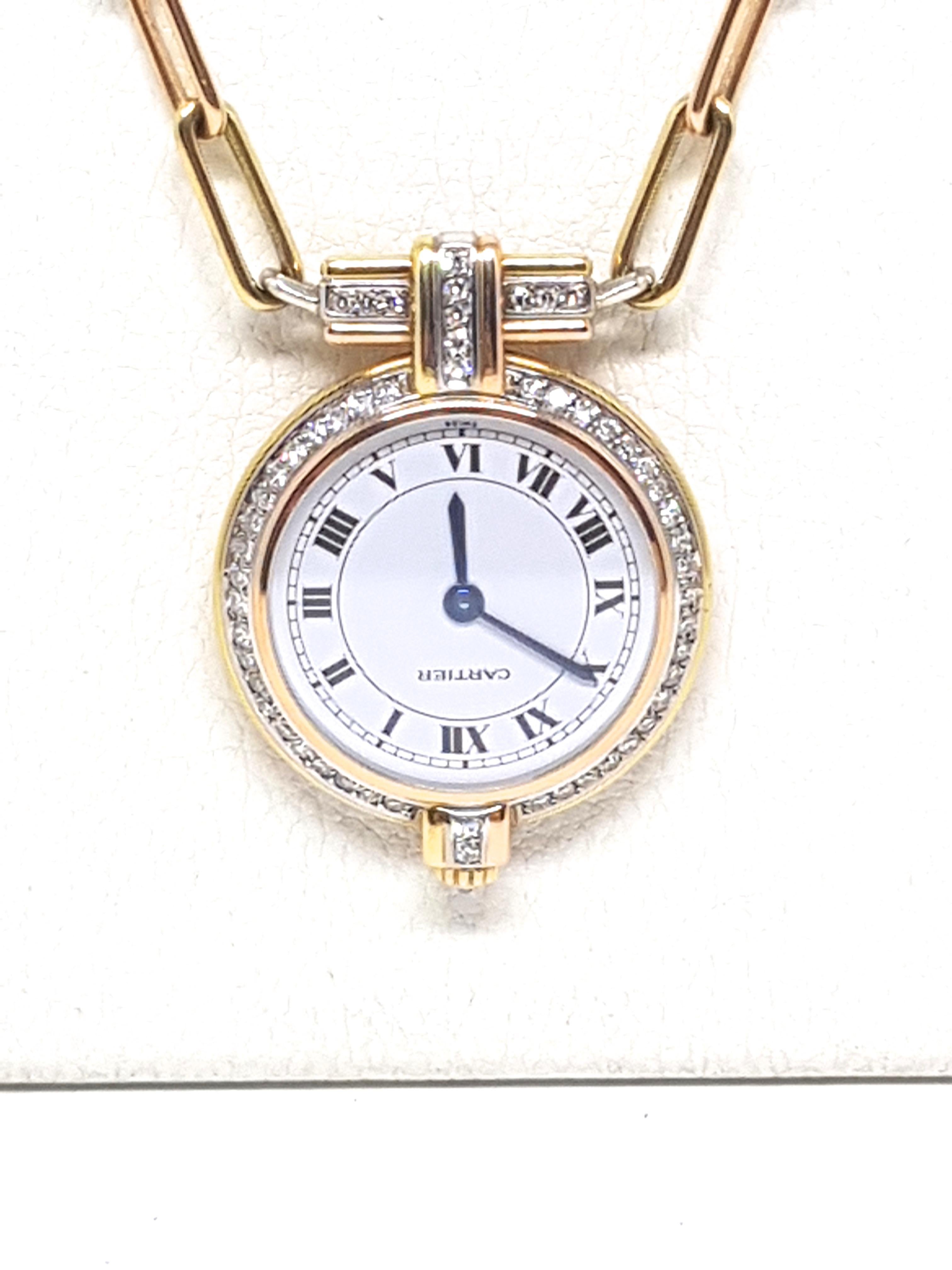 Round Cut Cartier 18 Karat 3-Color Gold White Diamond Necklace Watch Pendant