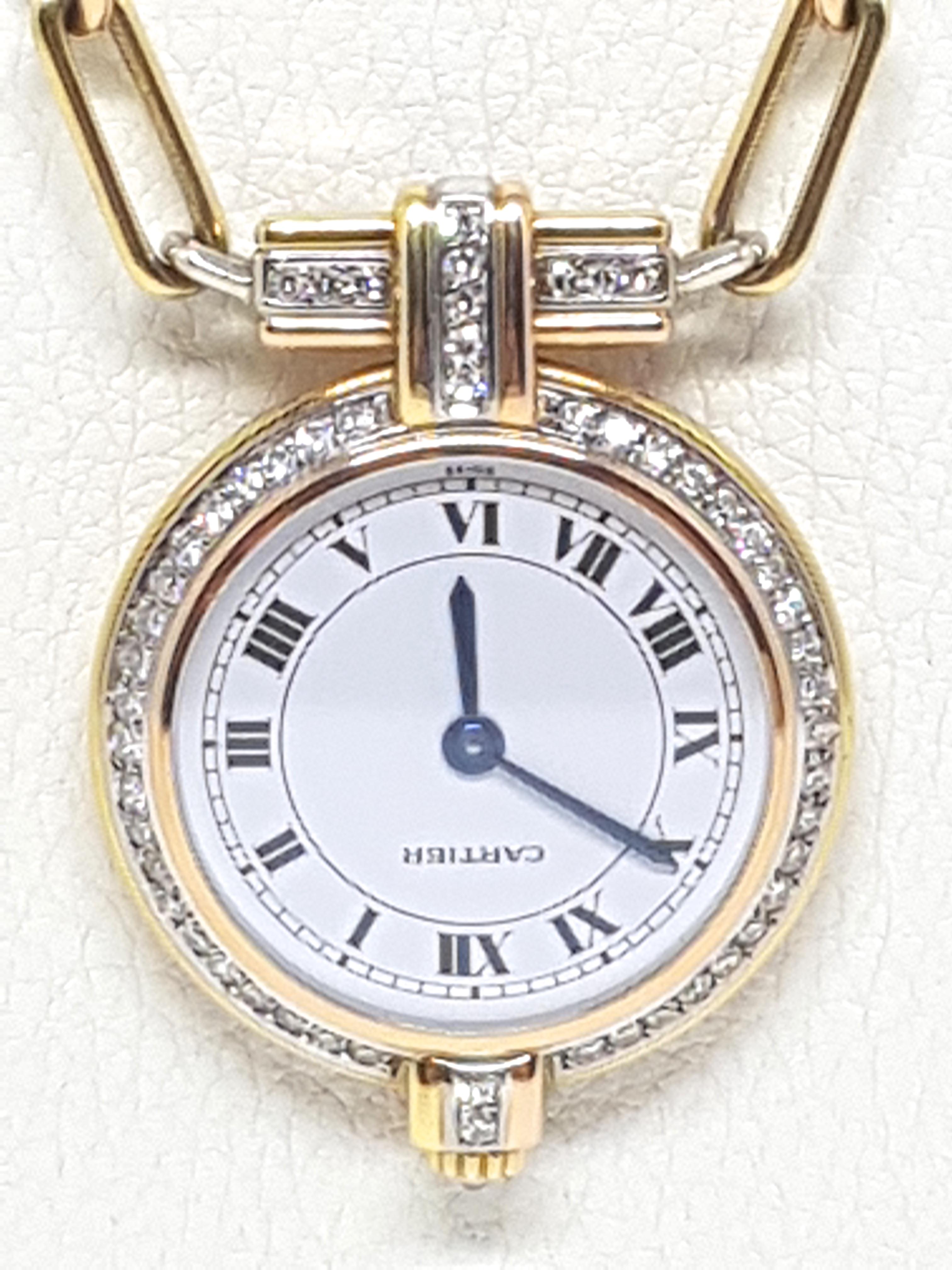 Cartier 18 Karat 3-Color Gold White Diamond Necklace Watch Pendant In Excellent Condition In Antwerp, BE