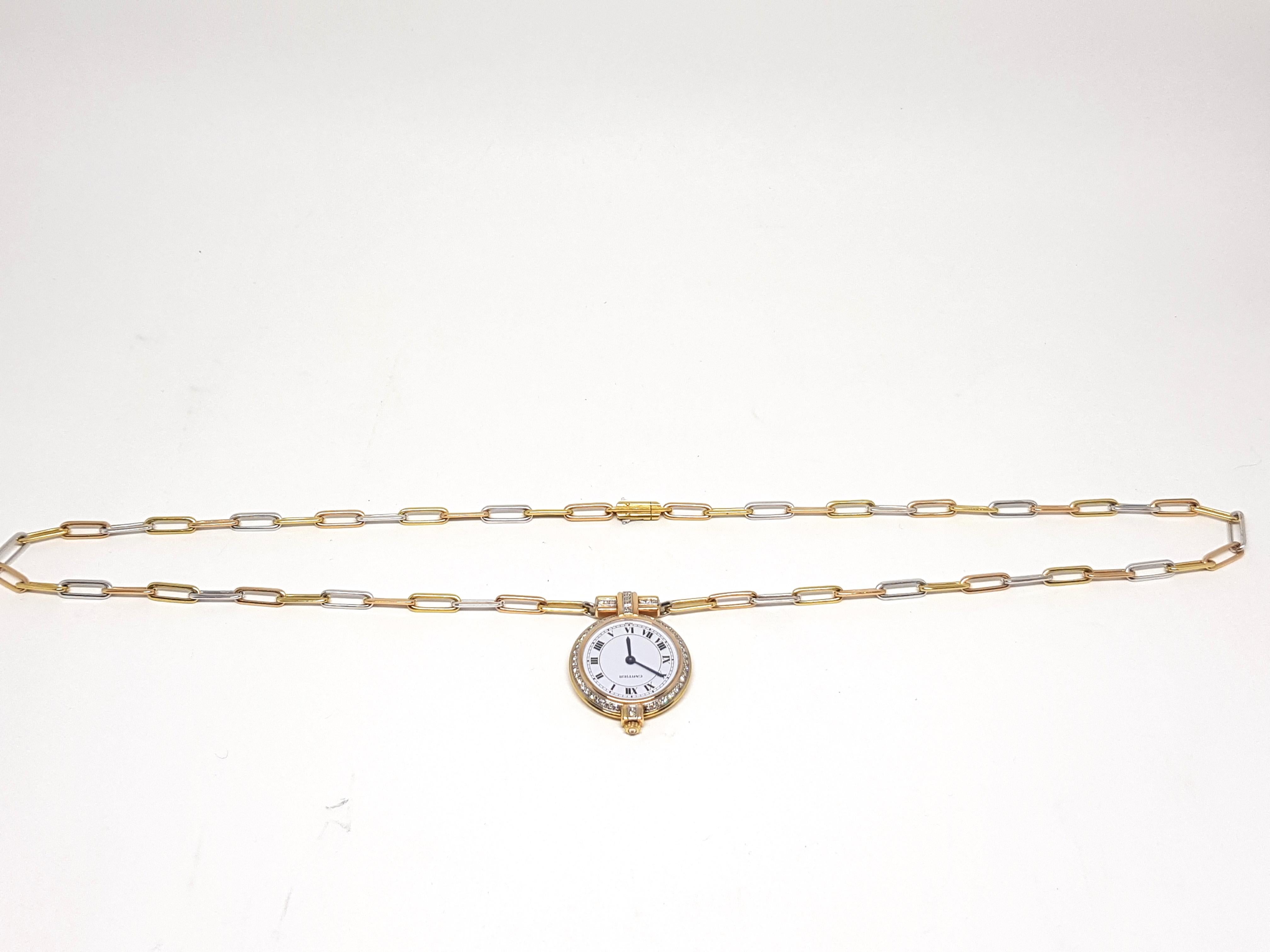 Women's Cartier 18 Karat 3-Color Gold White Diamond Necklace Watch Pendant