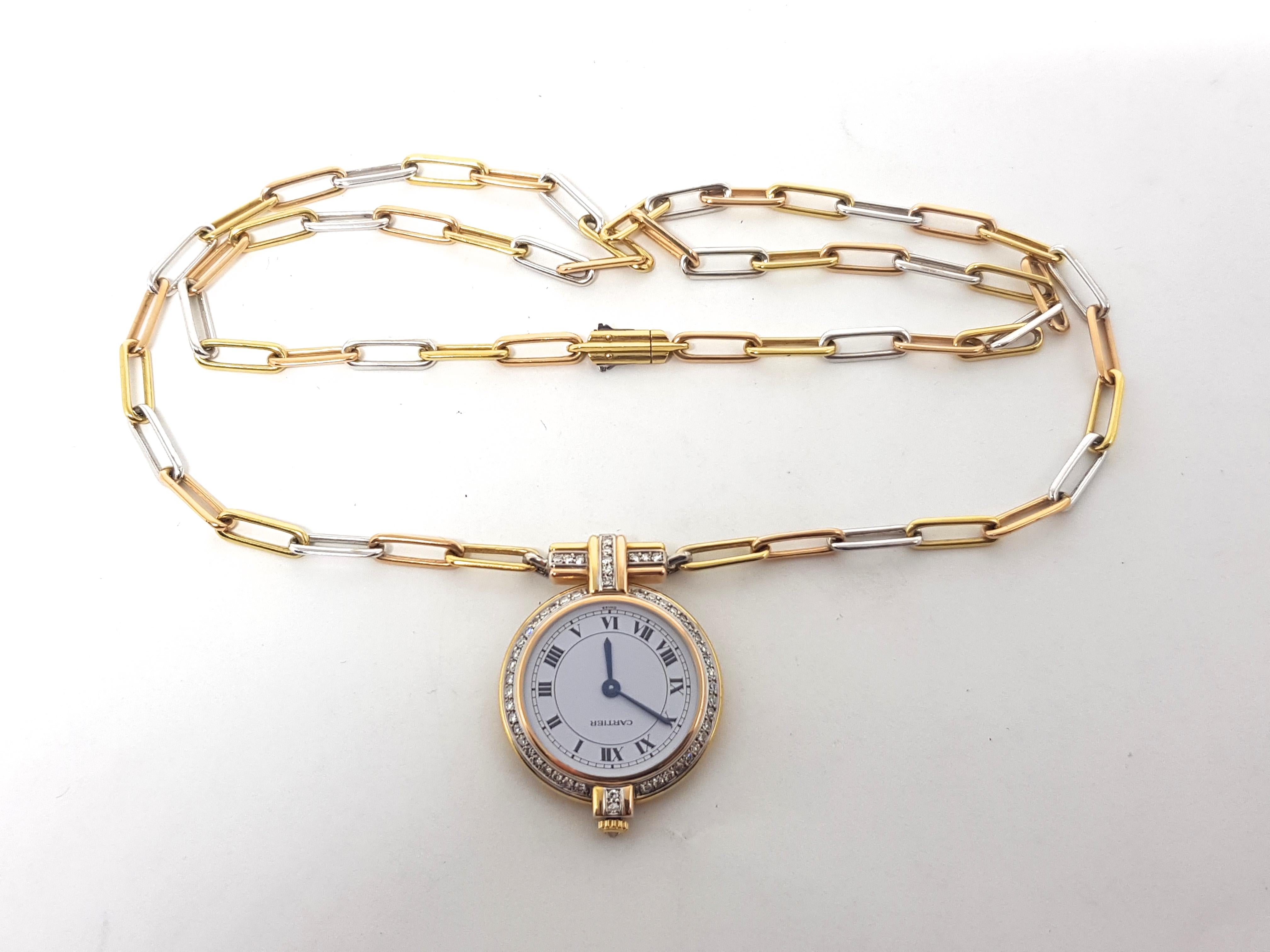 Cartier 18 Karat 3-Color Gold White Diamond Necklace Watch Pendant 1