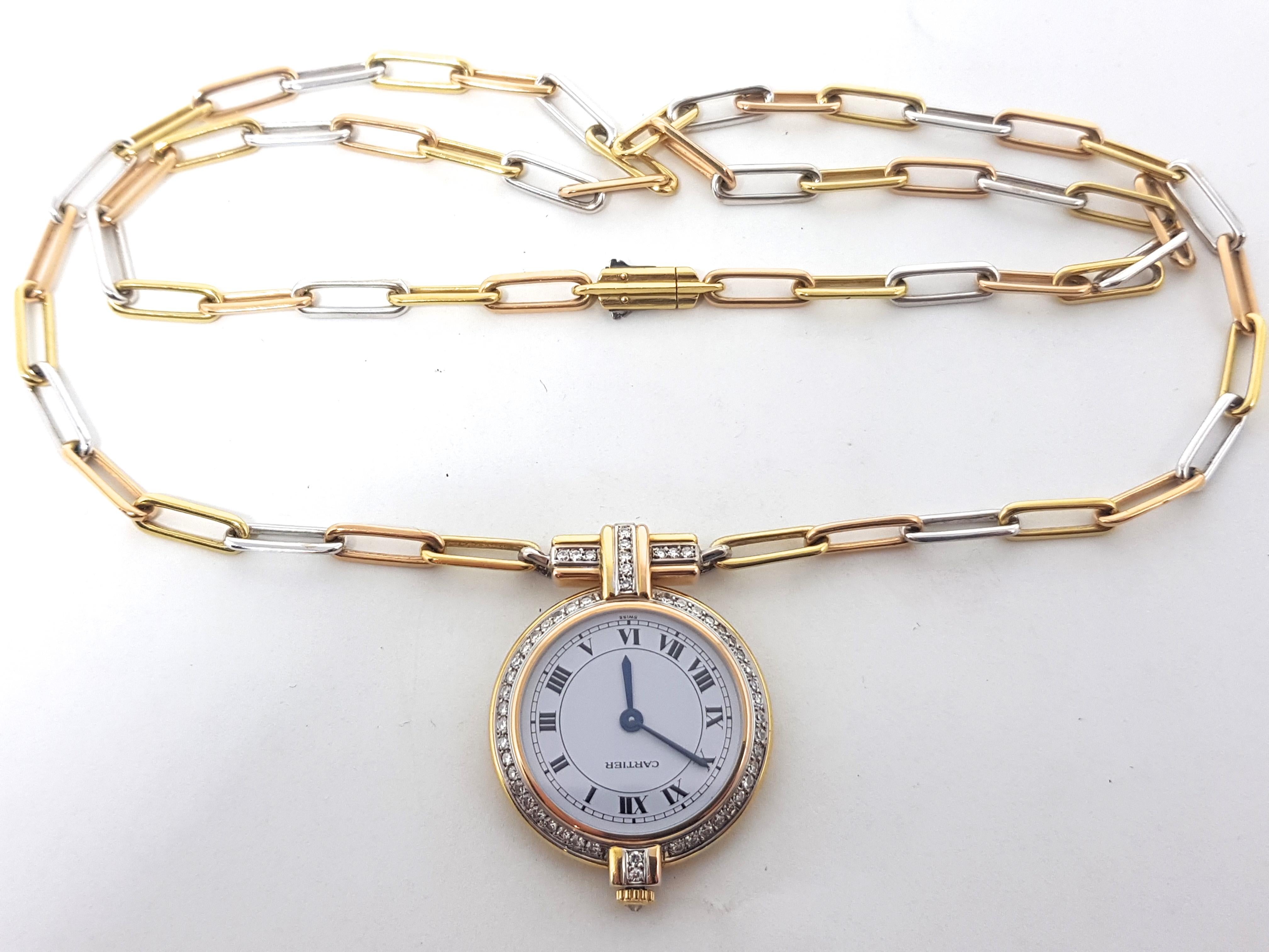 Cartier 18 Karat 3-Color Gold White Diamond Necklace Watch Pendant 2