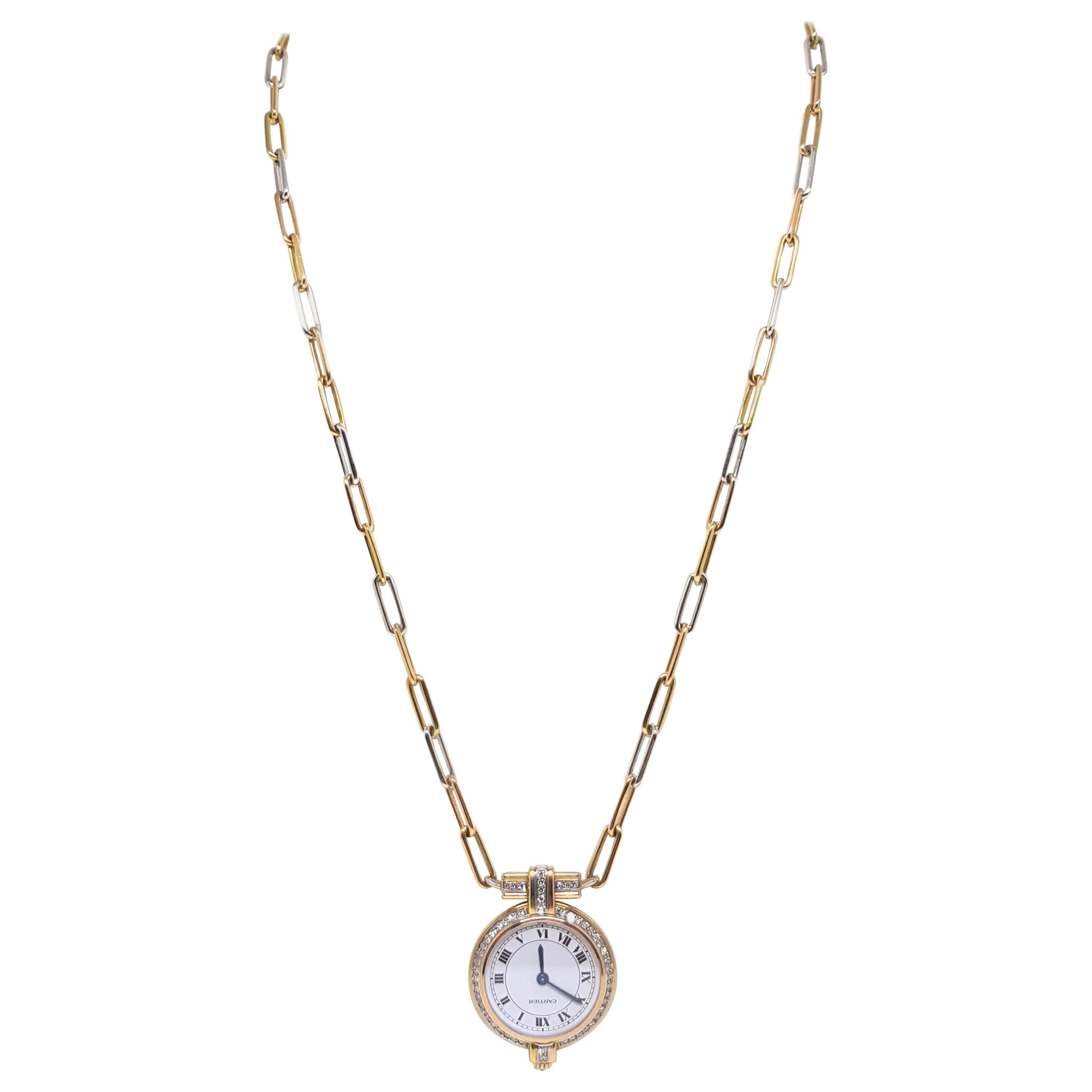 Cartier 18 Karat 3-Color Gold White Diamond Necklace Watch Pendant