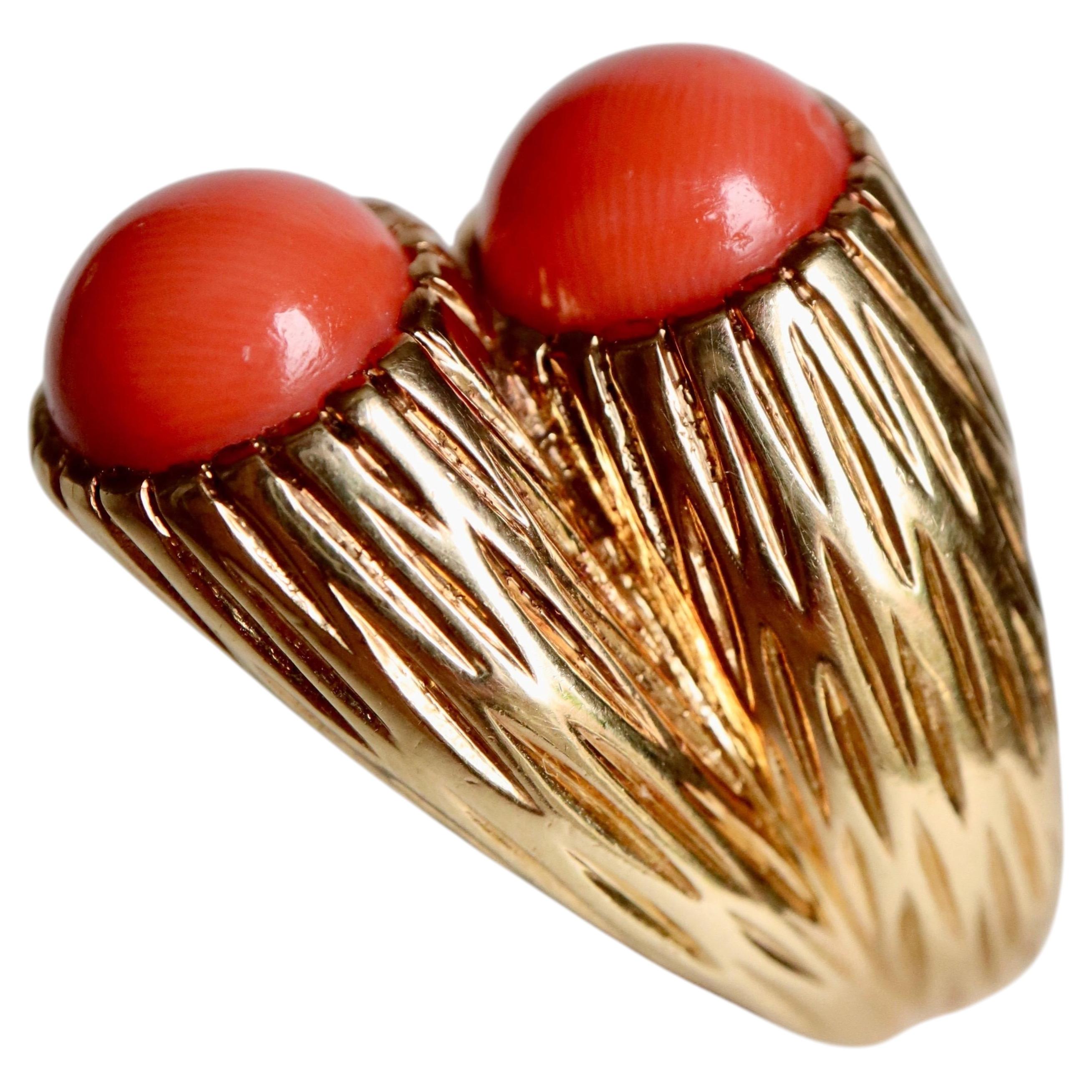 Cartier 18 Karat Coral Engraved Yellow Gold Ring For Sale