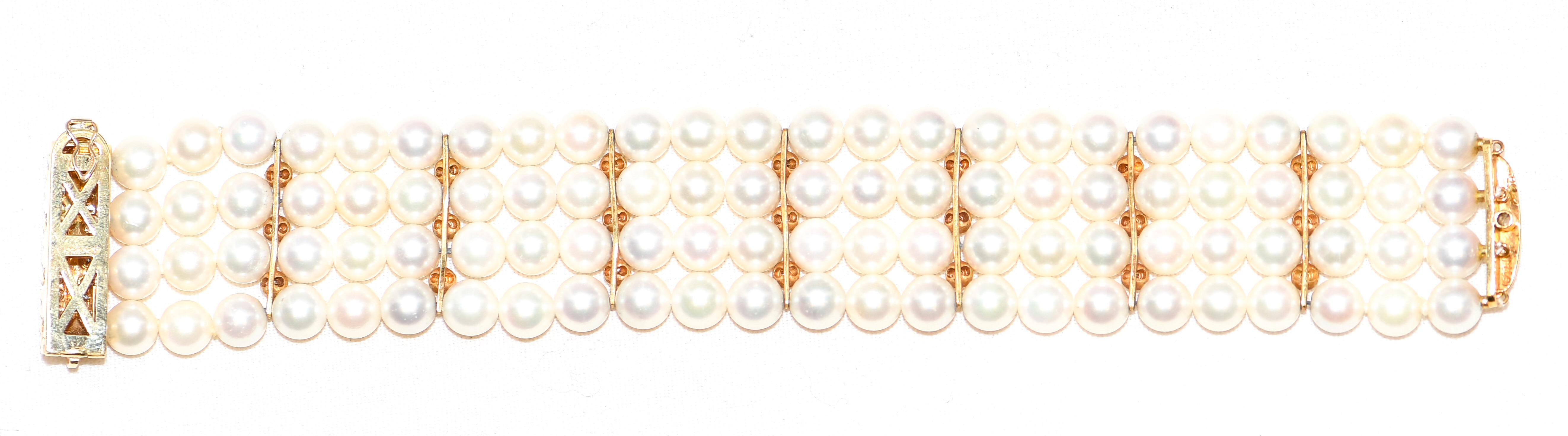 Artisan Cartier 18 Karat Four-Row Pearl and Diamond Bracelet