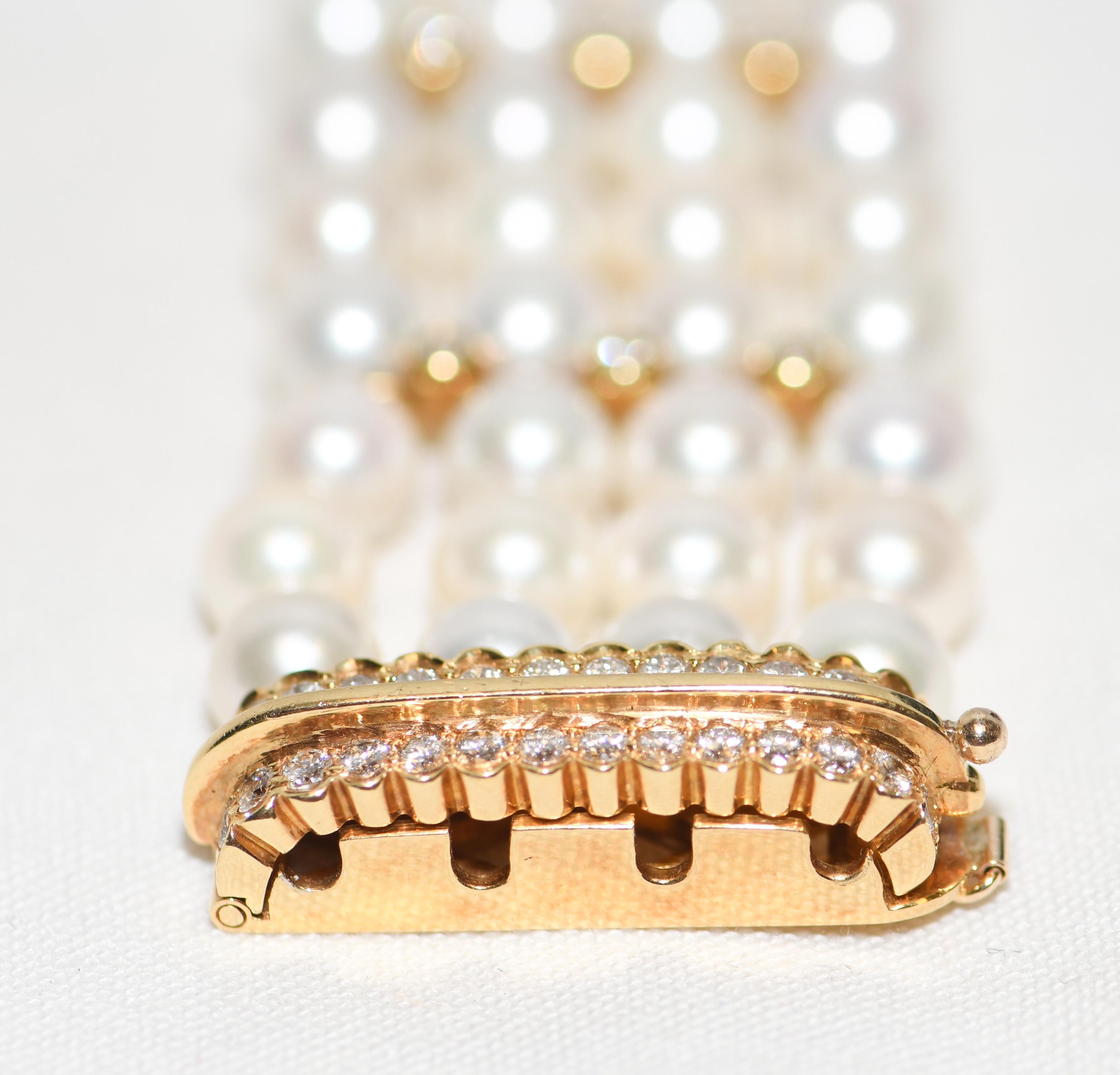 Women's Cartier 18 Karat Four-Row Pearl and Diamond Bracelet