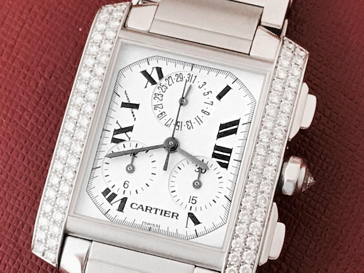 Contemporary Cartier 18 Karat Gold and Diamond Tank Francaise Chronograph Quartz Wristwatch