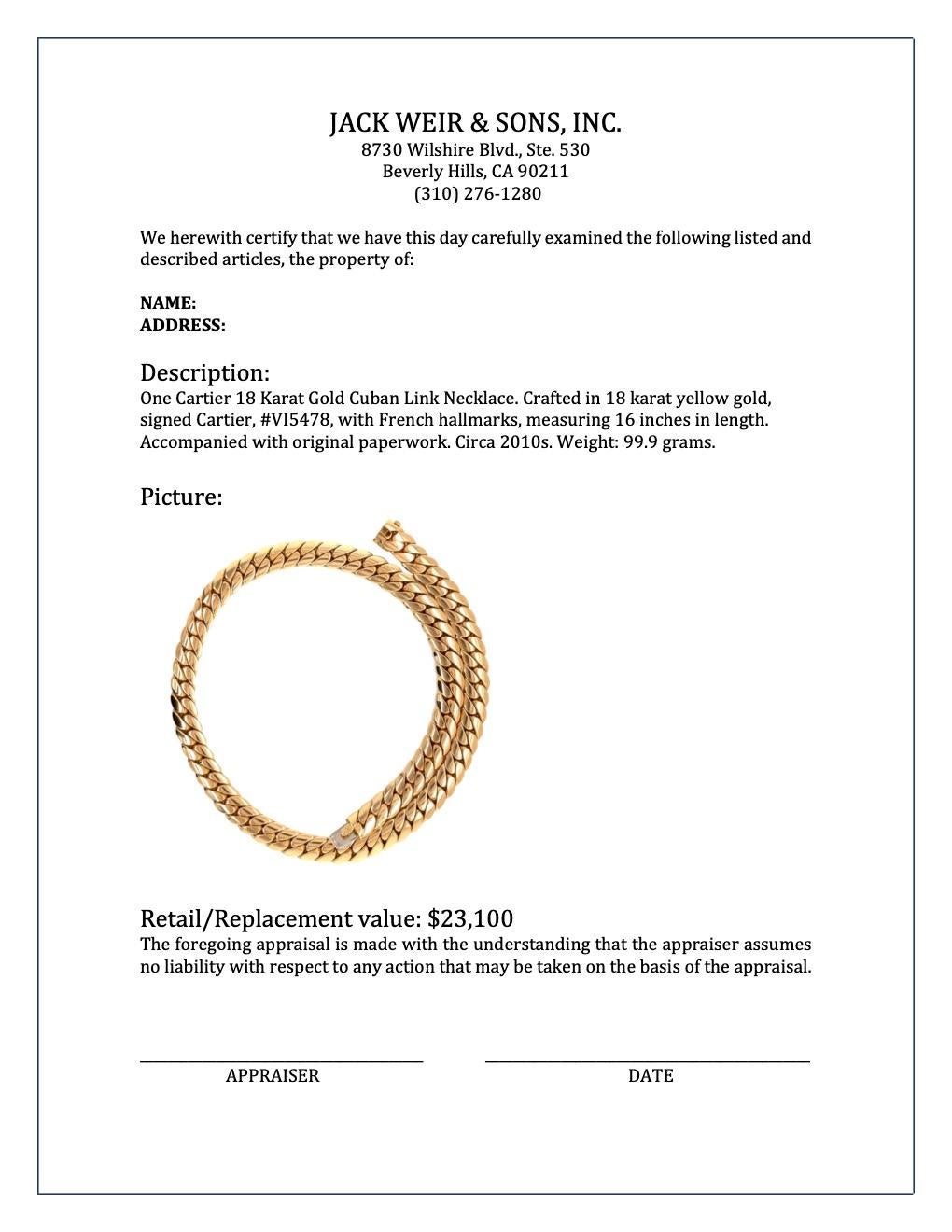 Cartier 18 Karat Gold Cuban Link Necklace In Excellent Condition In Beverly Hills, CA
