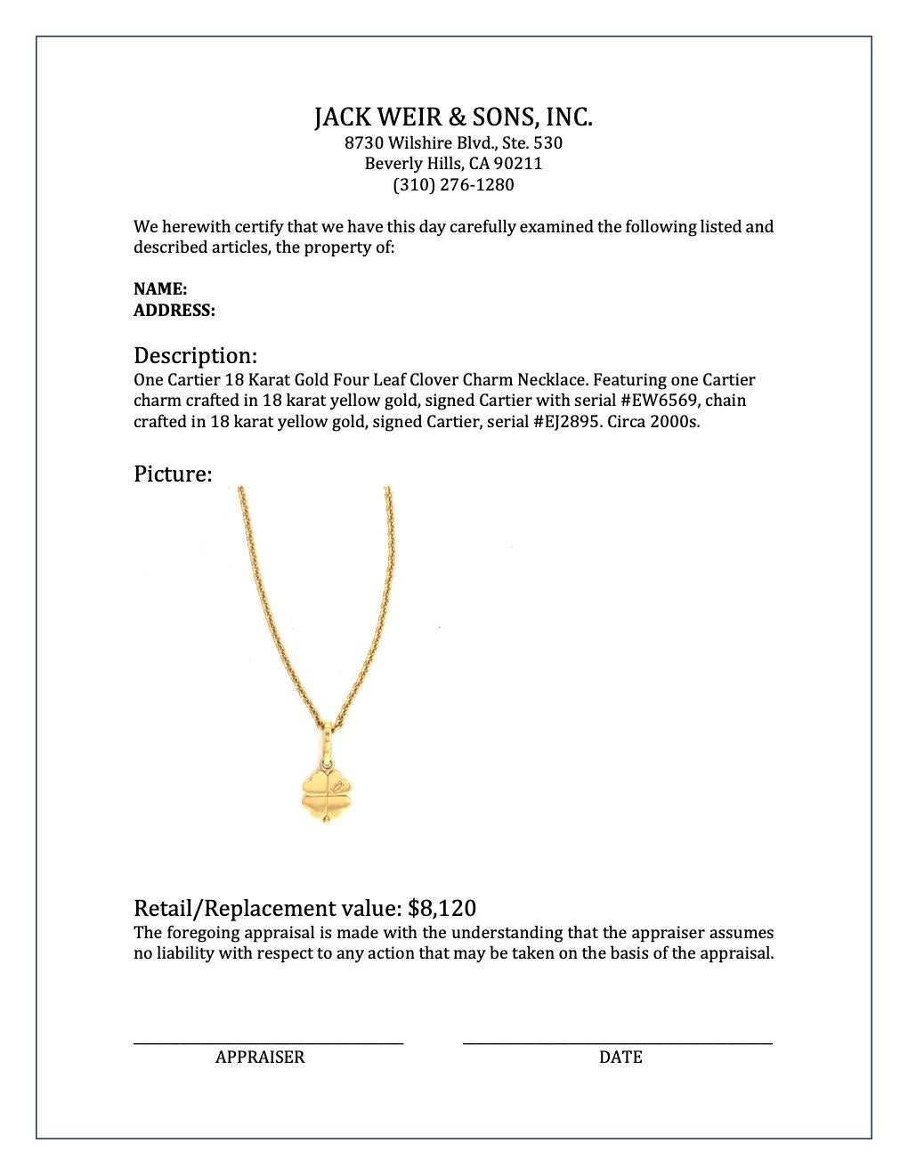 Cartier 18 Karat Gold Four Leaf Clover Charm Necklace In Excellent Condition In Beverly Hills, CA