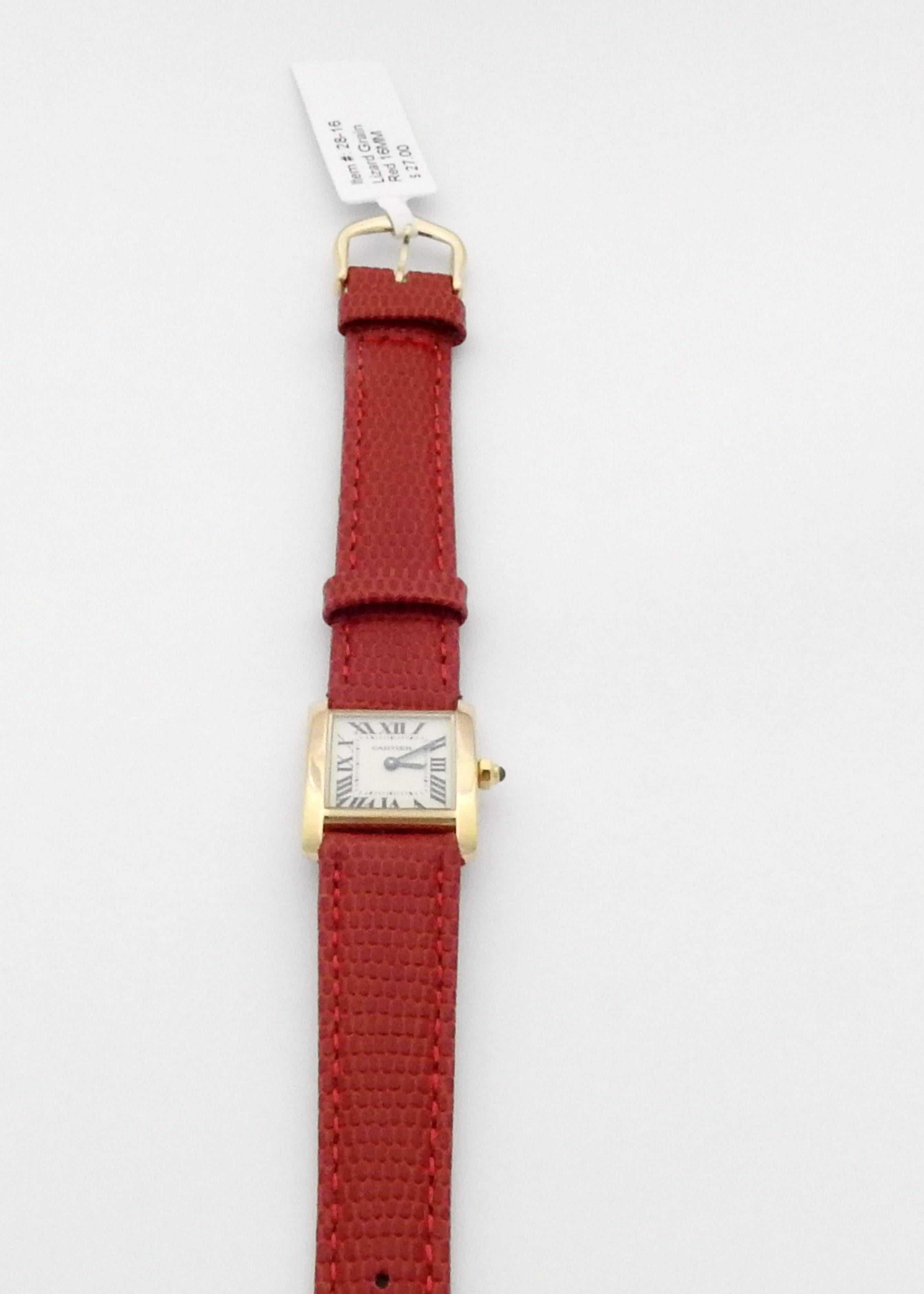Cartier Tank Francaise Ladies Watch

Model: 1820
Serial: MG230541

Quartz Movement

Case is 18K yellow Gold,  24.5 mm x 20 mm x 5 mm

New red leather band - NOT cartier...16mm, size 28, DeBeers

Sapphire Crown

approx. 8.5 