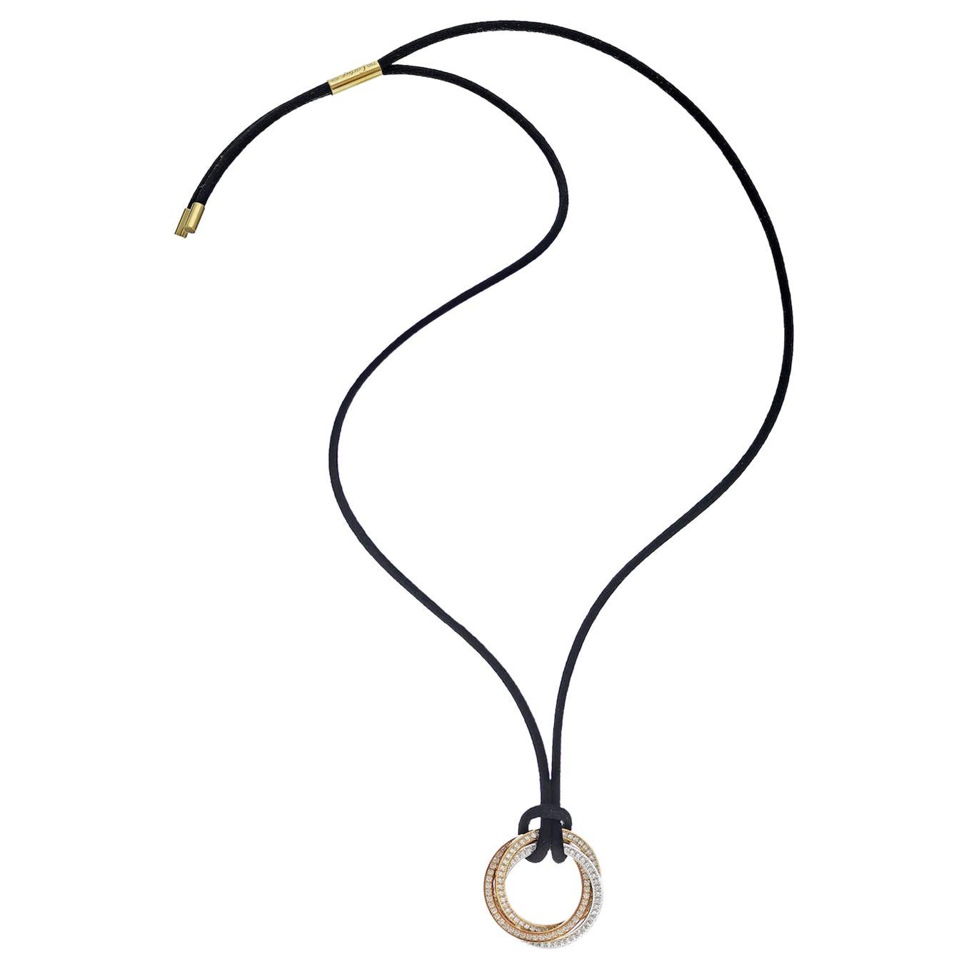 Cartier 18 Karat Gold Tri Color Trinity Diamond Pendant on a Cord Necklace