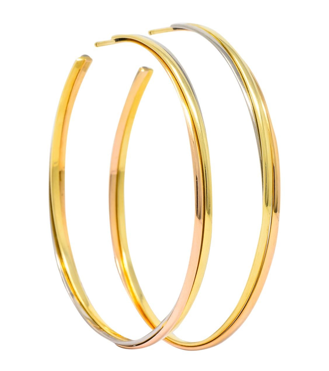 Modernist Cartier 18 Karat Gold Tri-Gold Trinity Hoop Earrings