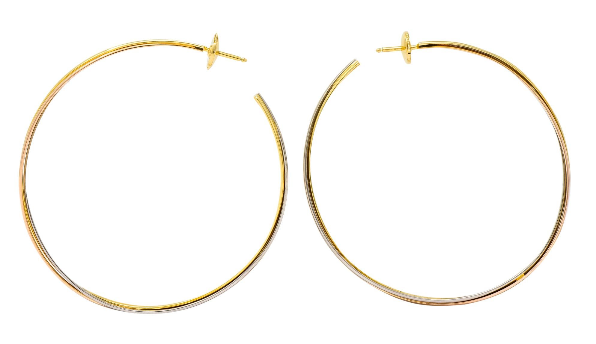 Women's or Men's Cartier 18 Karat Gold Tri-Gold Trinity Hoop Earrings