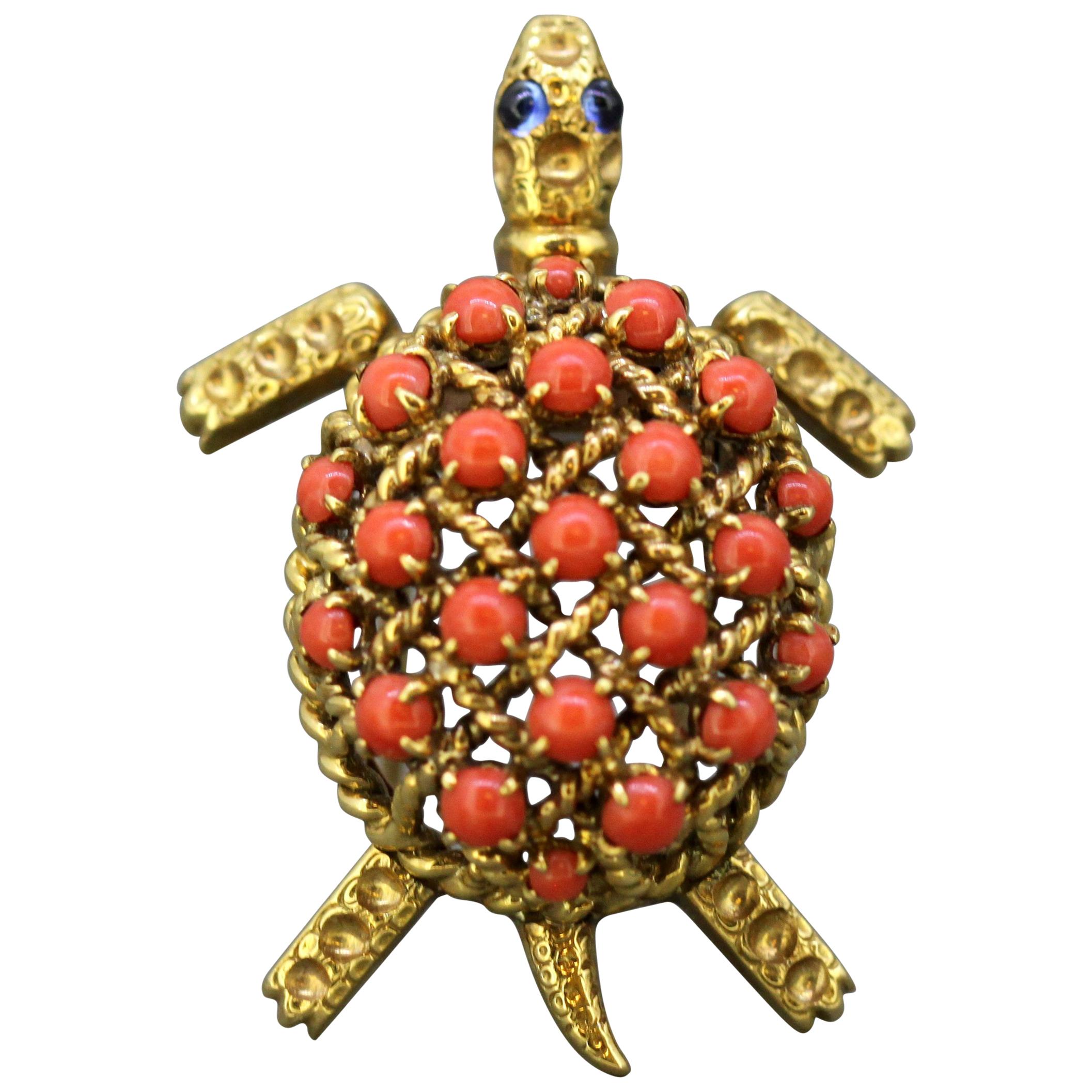 Cartier, 18 Karat Gold Turtle Brooch with Natural Coral and Blue Sapphires