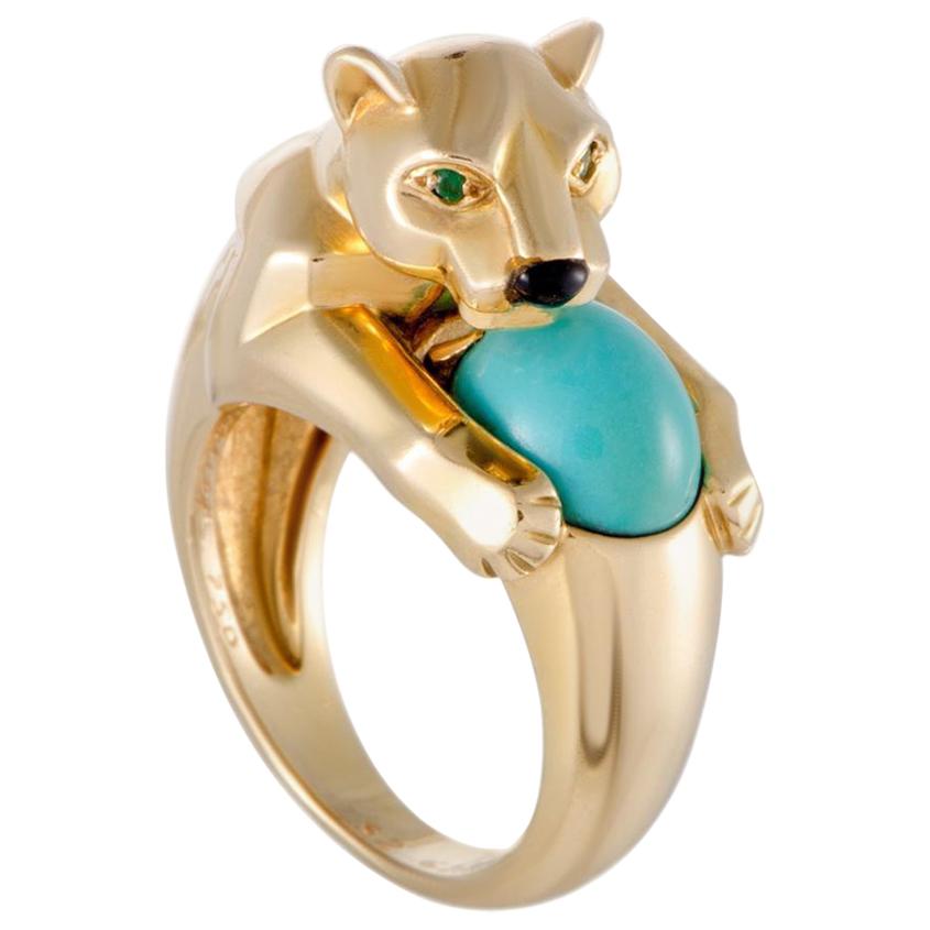 Cartier 18 Karat Gold Vintage Panthere Turquoise Onyx and Emerald Ring