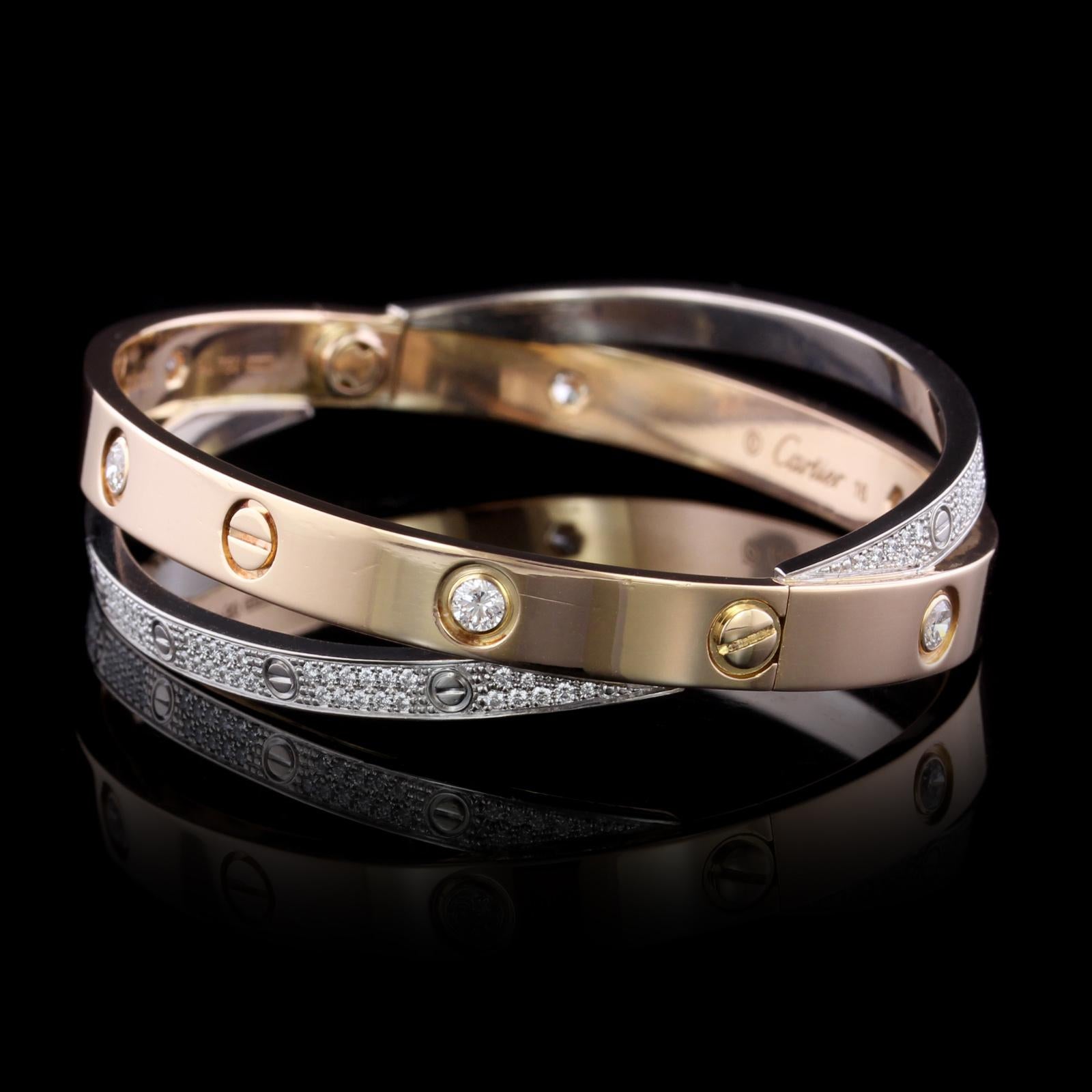 Cartier 18K Pink and White Gold Diamond Paved Love Bracelet. The bracelet is set
with 144 round brilliant cut diamonds, approx. total wt. 1.50cts., #ZJ0120,
size 16, without box and screwdriver.