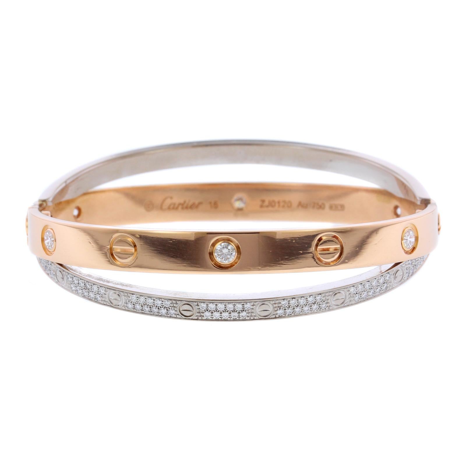 Cartier 18 Karat Pink and White Gold Diamond Paved Love Bracelet For Sale