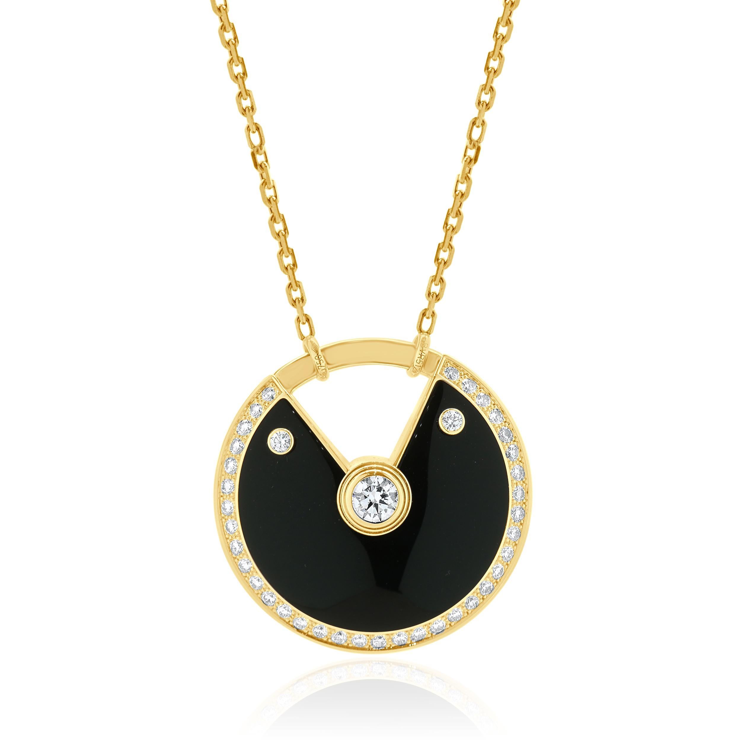 Cartier 18 Karat Rose Gold Amulette Onyx and Diamond Necklace
 
Designer: Cartier
Material: 18K rose gold
Diamond: round brilliant cut = 0.55cttw
Color: F
Clarity: VS1-2
Serial # BYRXXX
 
No box or papers included