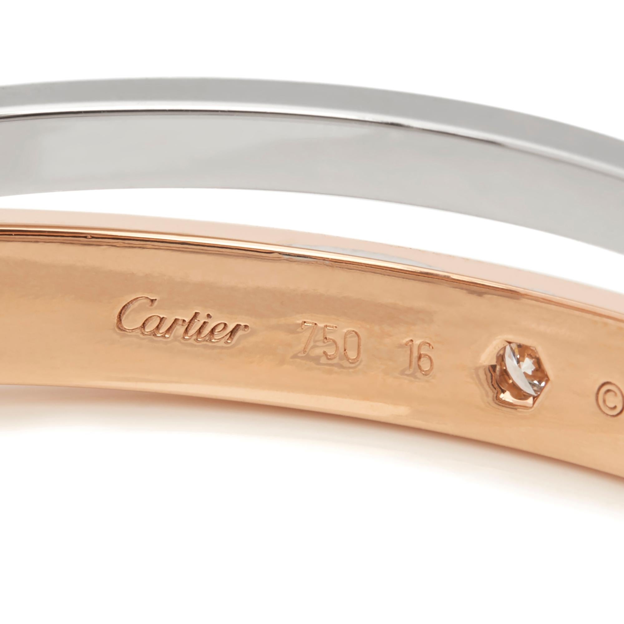 Round Cut Cartier 18 Karat Rose and White Gold Pavé Diamond Love Bracelet