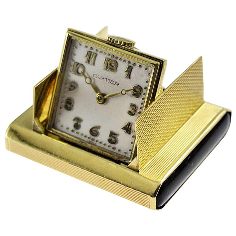 Cartier 18 Karat Solid Gold Desk Top Travel Watch with Onyx Buttons circa 1930s For Sale