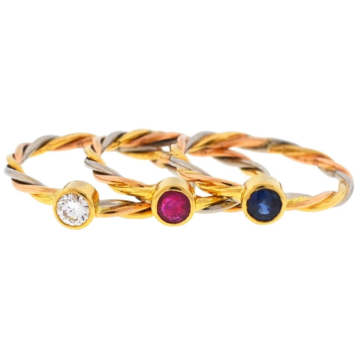 Cartier 18 Karat Tri-Color Sapphire Ruby and Diamond Stackable Rings