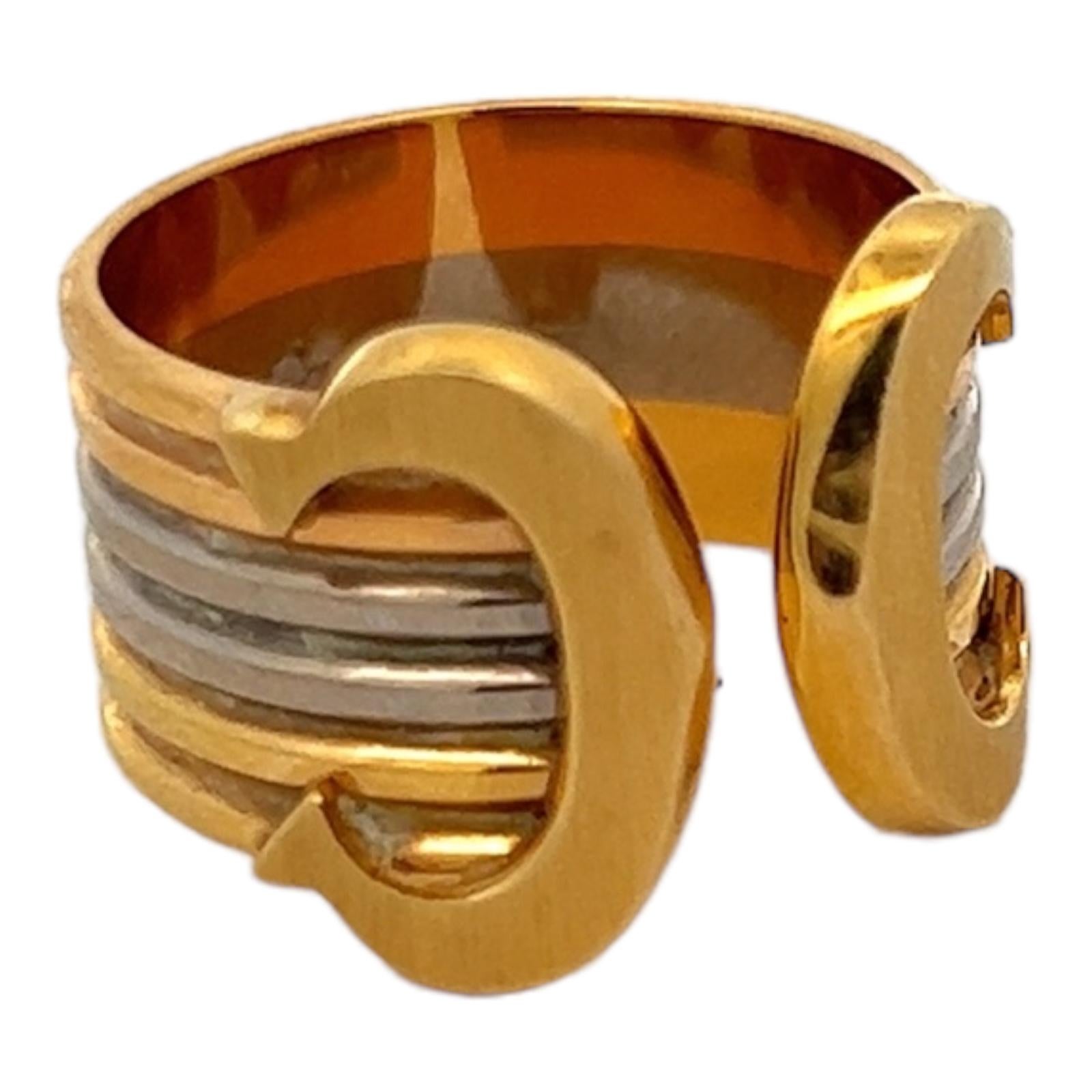 Cartier 18 Karat Tricolor Gold Trinity Double 'C' Pinky Band Ring Size In Excellent Condition For Sale In Boca Raton, FL