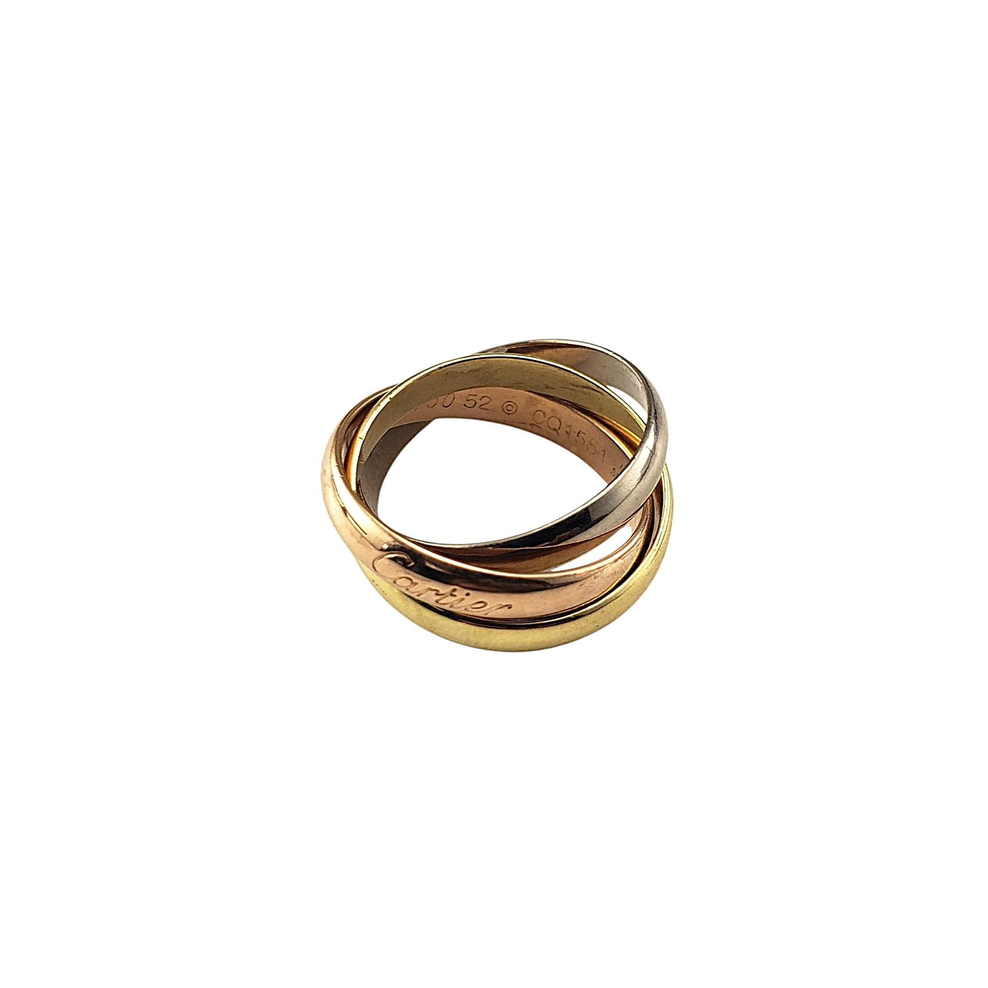 Cartier 18 Karat Tricolor Gold Trinity Rolling Ring Size 6.25

An iconic symbol of love, fidelity, and friendship, the Cartier Trinity ring features three interlocking bands in 18K yellow, white and rose gold. 

Each band measures 3.4 mm.

This ring