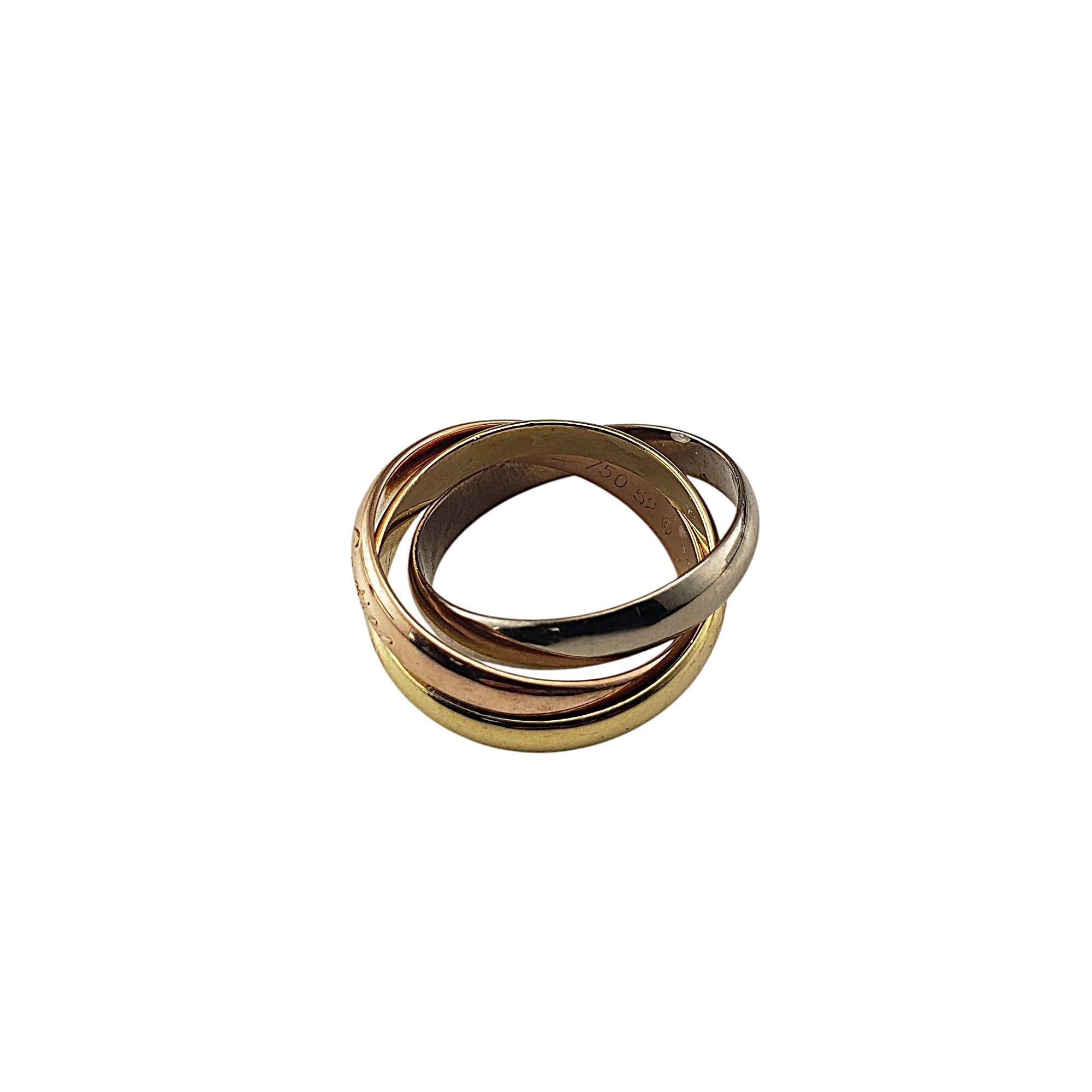 Contemporary Cartier 18 Karat Tricolor Gold Trinity Rolling Ring Size 6.25 box/papers #21394 For Sale