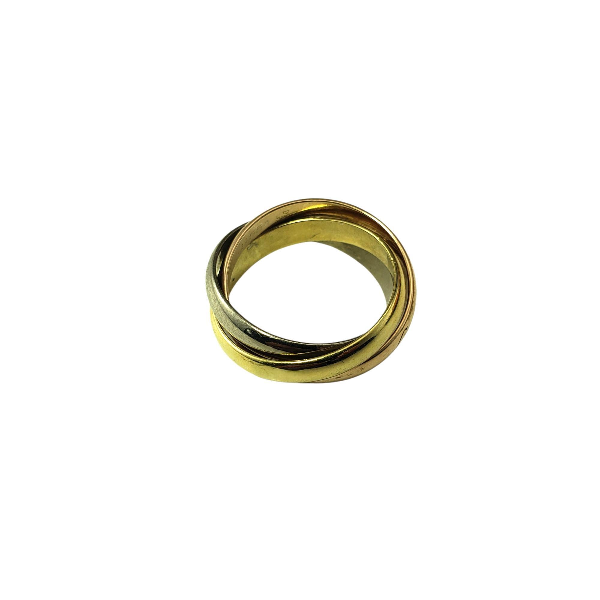 Cartier 18 Karat Tricolor Gold Trinity Rolling Ring Size 6.25 box/papers #21394 In Good Condition For Sale In Washington Depot, CT